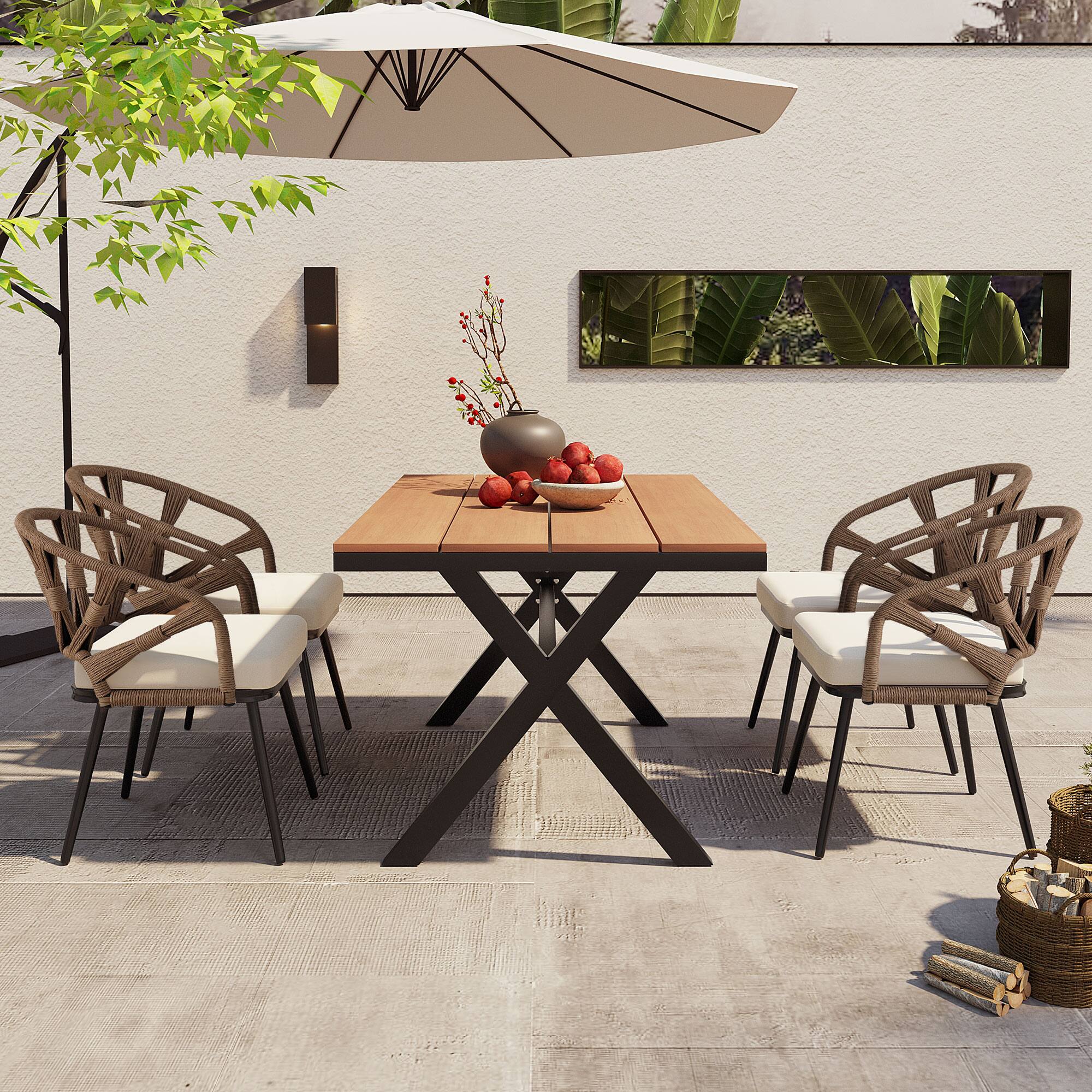 Left. Mondawe - 5-Piece Outdoor Set with PE Rattan Chairs and Plastic Wood Table - Brown.