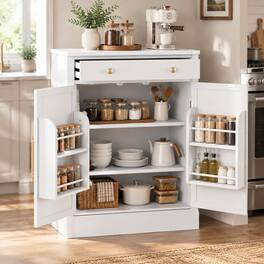 RYHNUYNE - Freestanding Kitchen Pantry Cabinet with Adjustable Shelves, Coffee Bar Buffet Storage - White