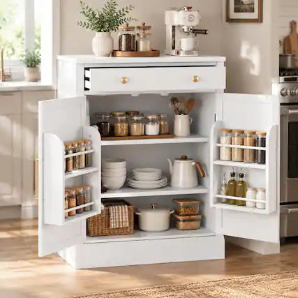 Front. RYHNUYNE - Freestanding Kitchen Pantry Cabinet with Adjustable Shelves, Coffee Bar Buffet Storage, White - White.