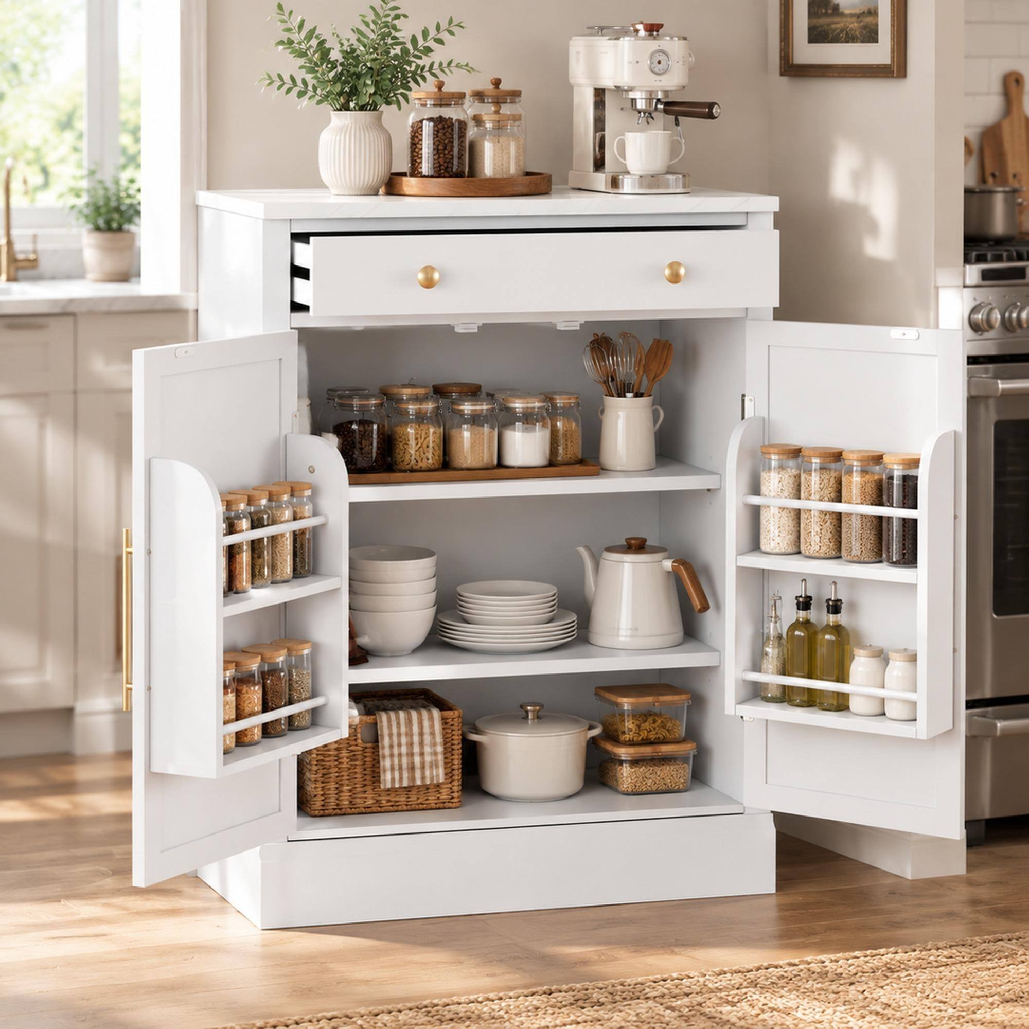 Front. RYHNUYNE - Freestanding Kitchen Pantry Cabinet with Adjustable Shelves, Coffee Bar Buffet Storage, White - White.