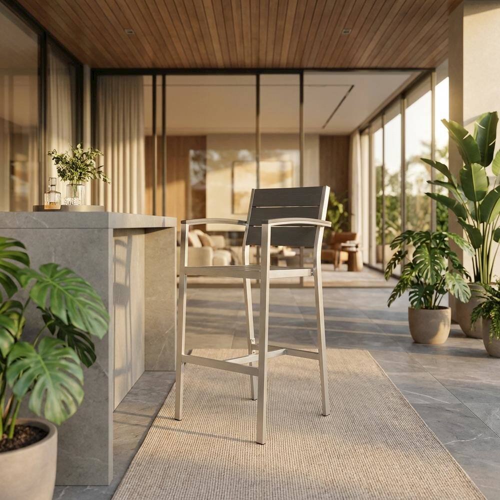 Angle. Outdoor Escape - Aluminum Outdoor Bar Stool With Armrests And Back Support For Patio Lounge - Gray.