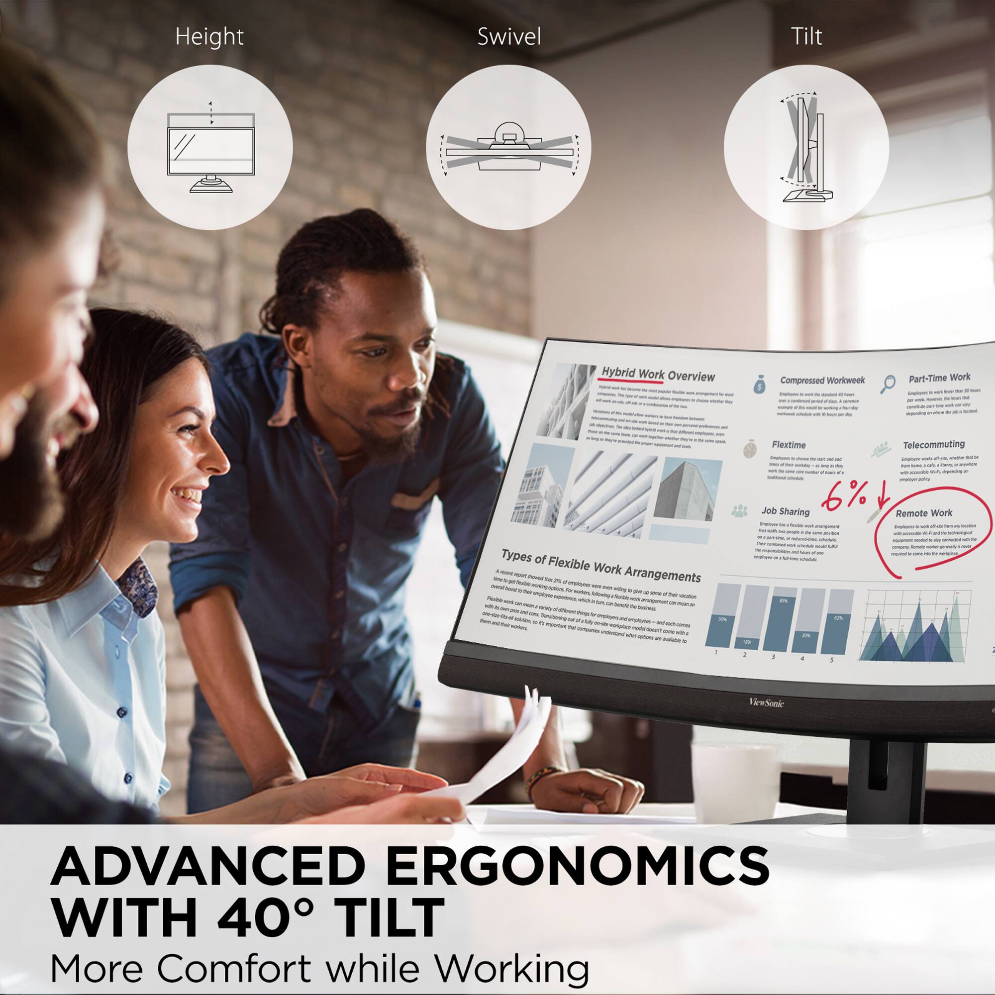 The text on the image is grouped and corrected as follows:

Title: Advanced Ergonomics with 40 Tilt

Overview:

* Types of Flexible Work Arrangements
* Flextime Telecommuting
* Job Sharing
* 6% Remote Work

More Comfort while Working