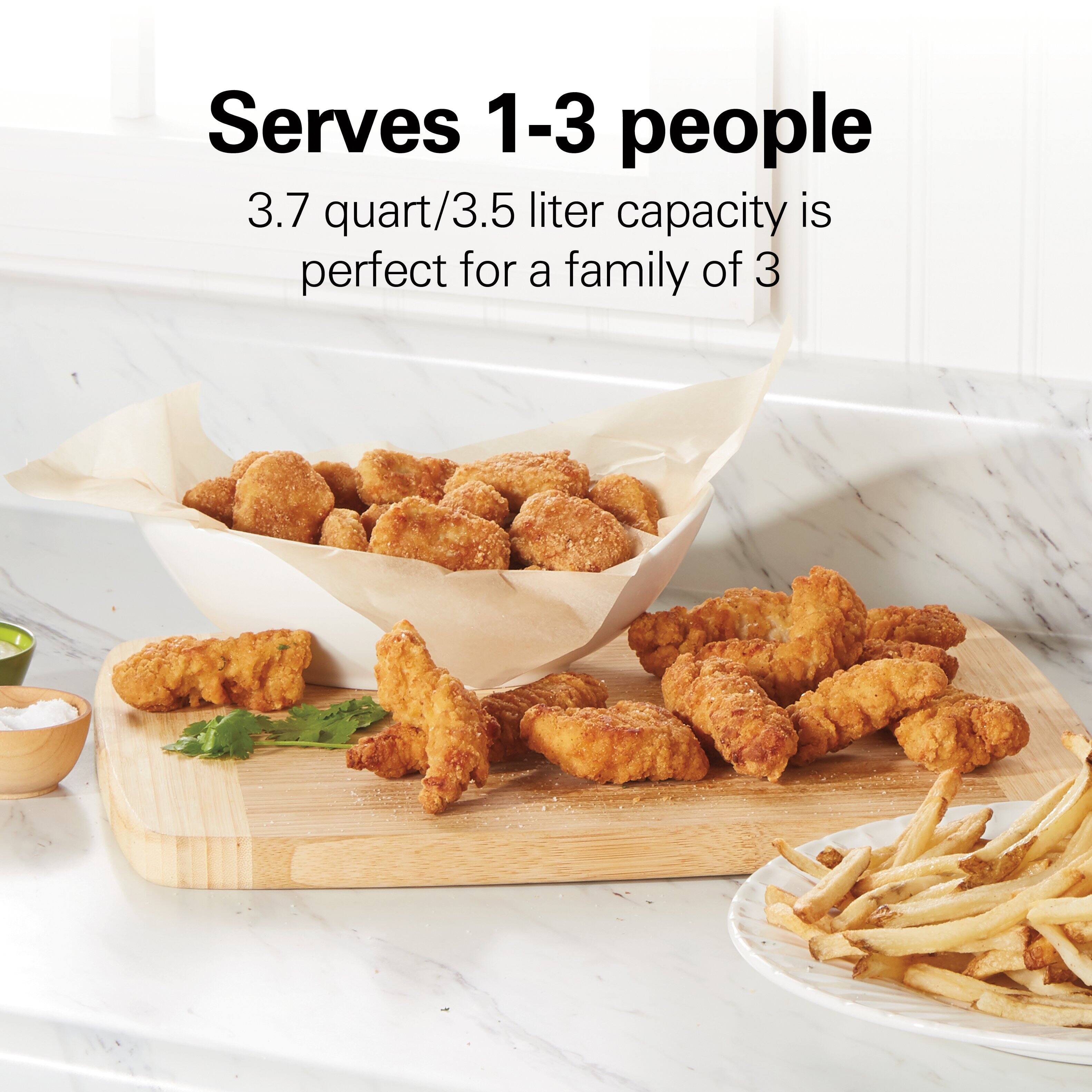 Serves 1-3 people  
3.7 quart/3.5 liter capacity is perfect for a family of 3
