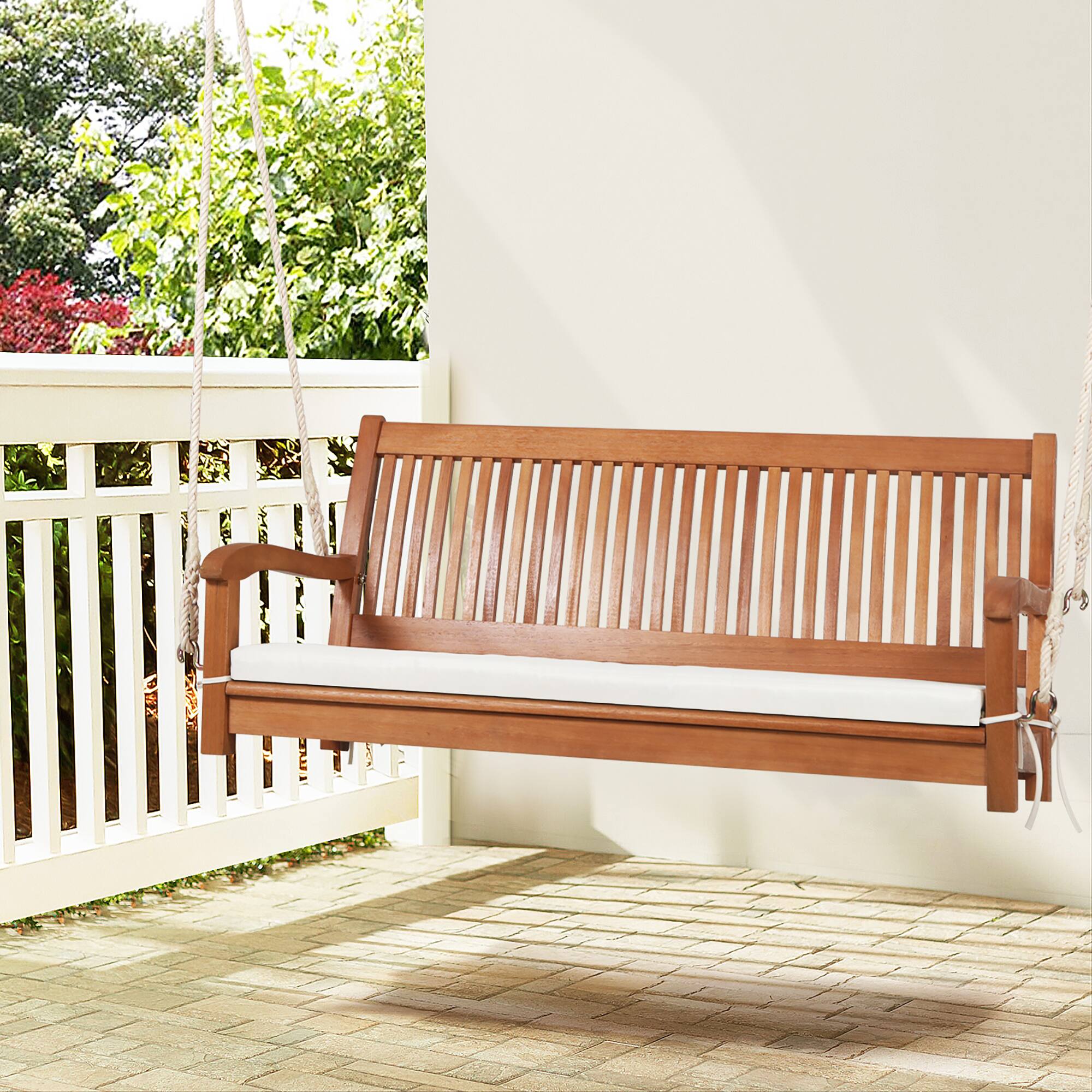 Front. Gymax - Gymax 2-Seat Patio Hanging Wooden Porch Swing Bench w/ Cushion & Hanging Ropes - Natural.