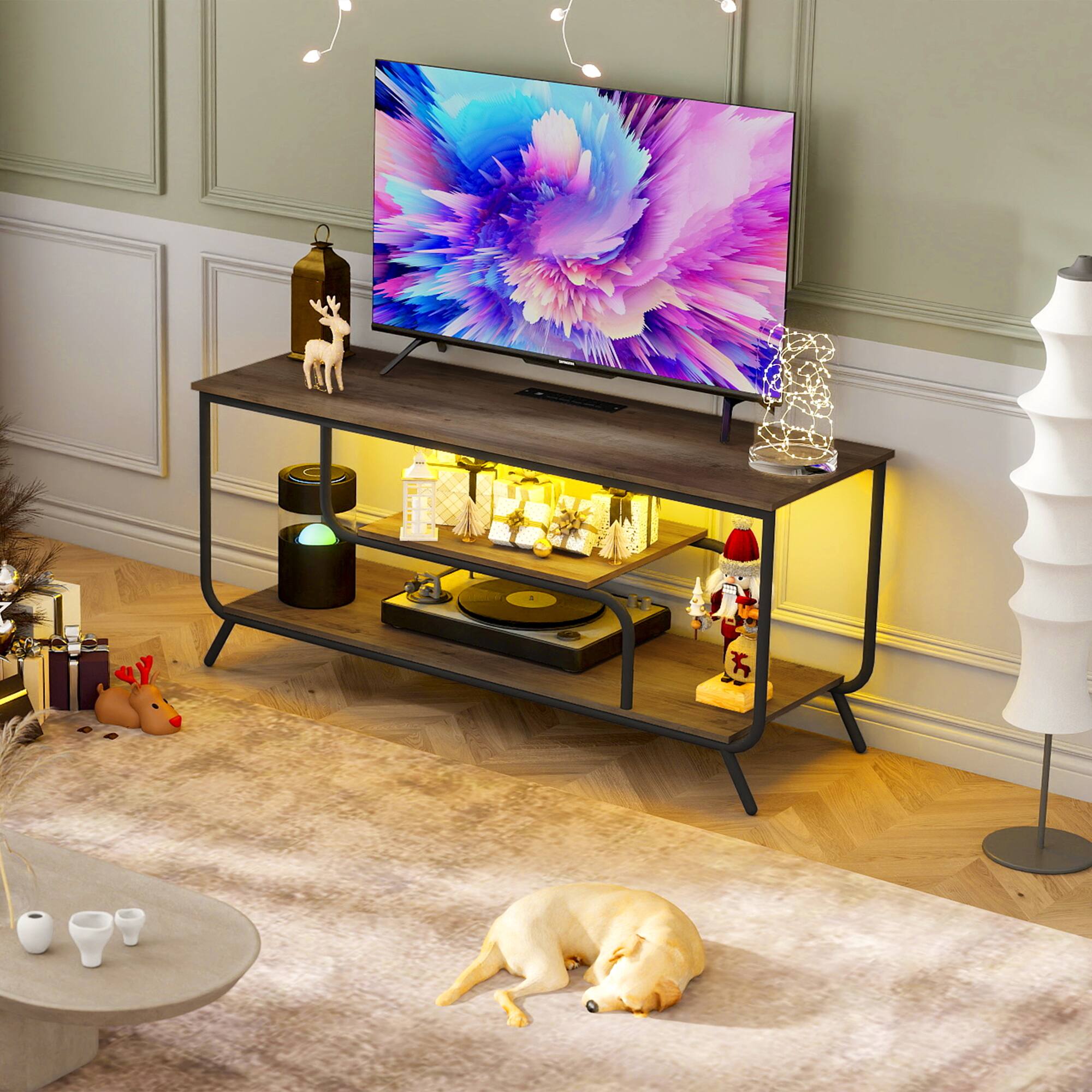 Back. Ihomeadore - Modern Light Grey  TV console TV stand with TV socket, LED light and  USB Charging Ports - Light Grey.