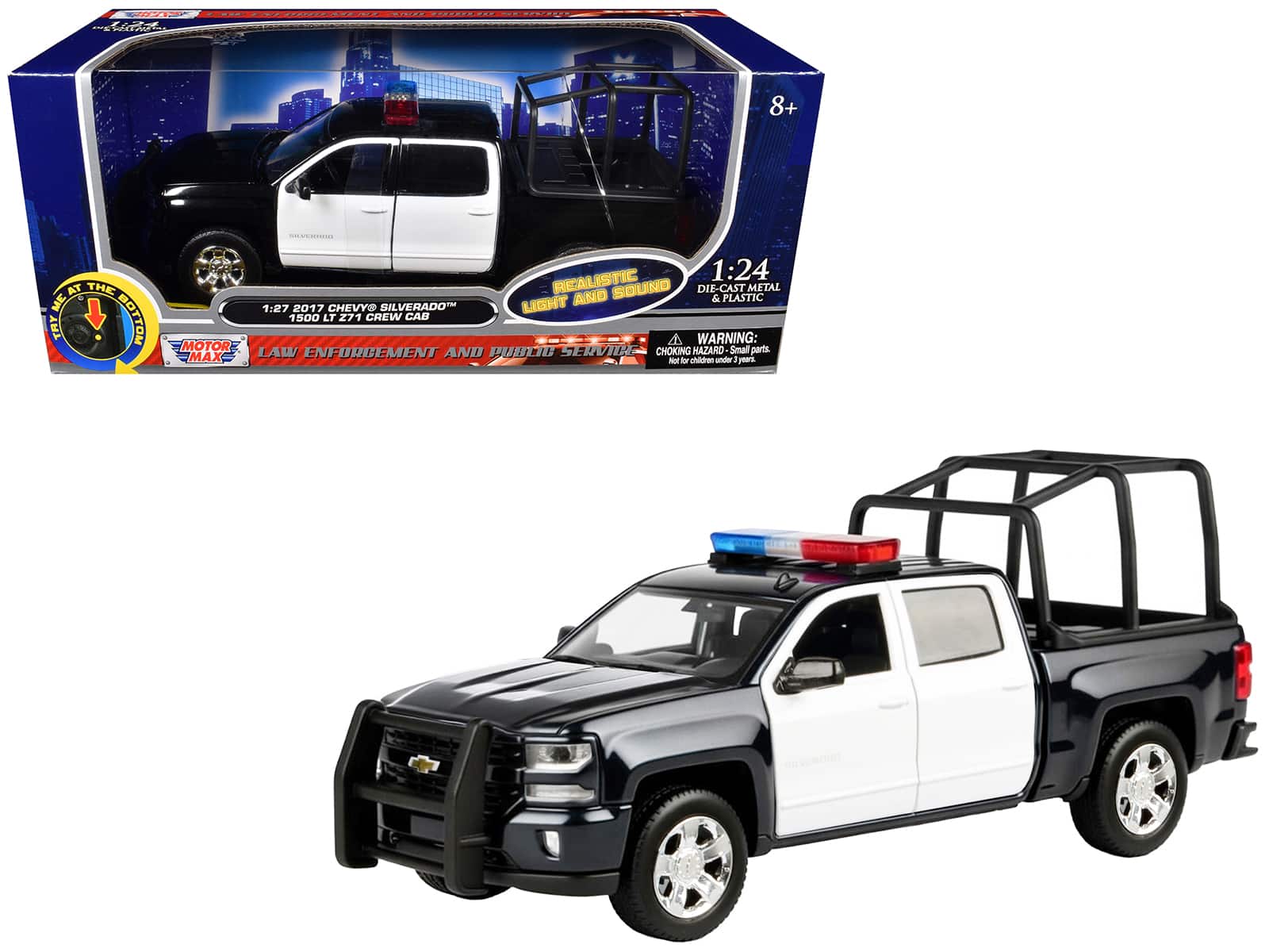 Motormax - 2017 Chevrolet Silverado 1500 LT Z71 Crew Cab Pickup Truck 1/27 Black & White with Lights, Sounds, Flashing Bar - Black and White