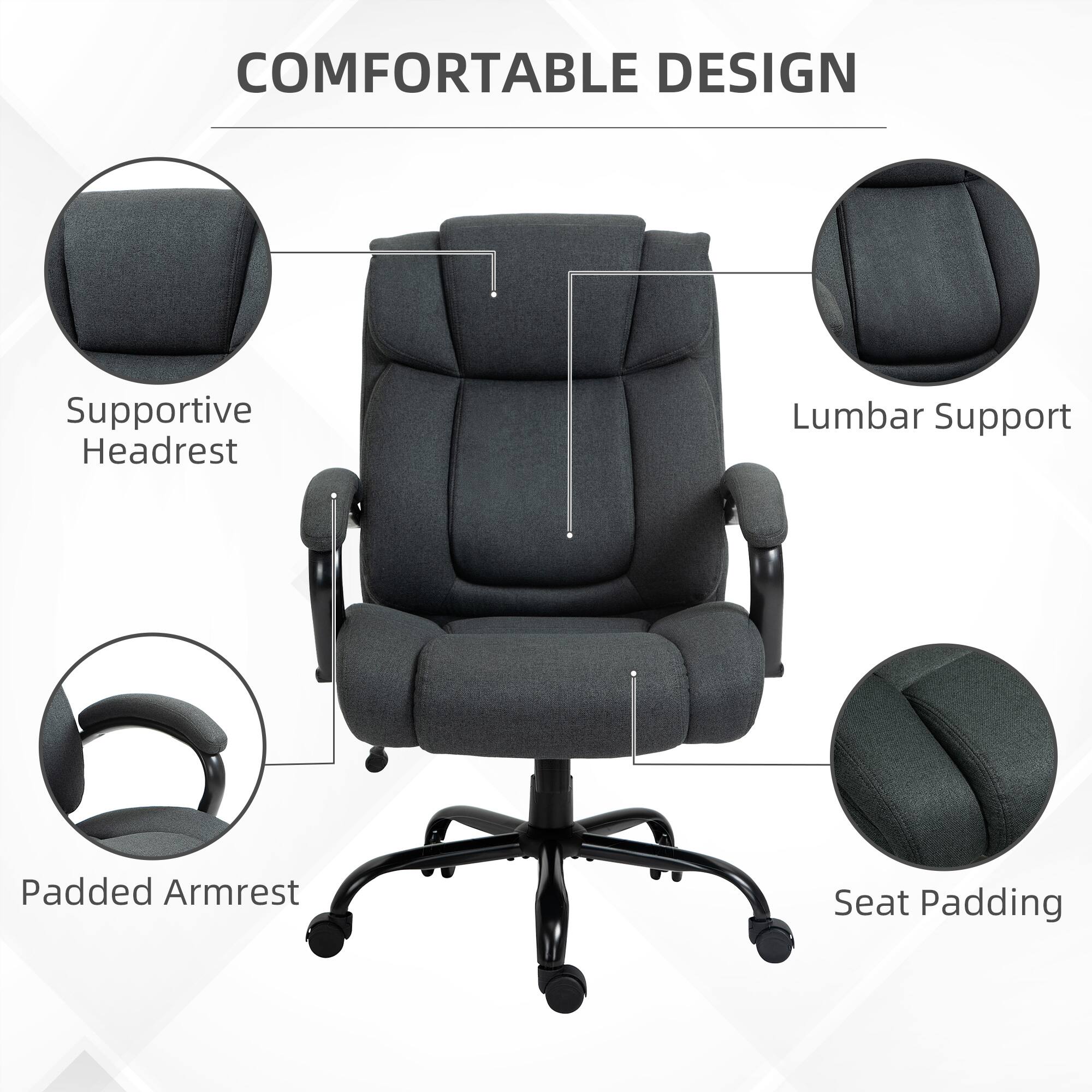 COMFORTABLE DESIGN
Supportive Headrest
Lumbar Support
Padded Armrest
Seat Padding