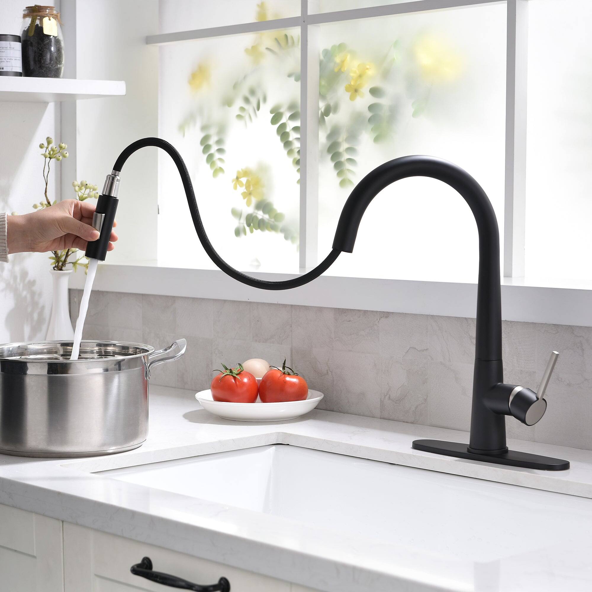 Alt View 3. Boyel Living - Matte Black 2 Spray Patterns Single Handle Pull Down Sprayer Kitchen Faucet with Deckplate Included - Matte Black.