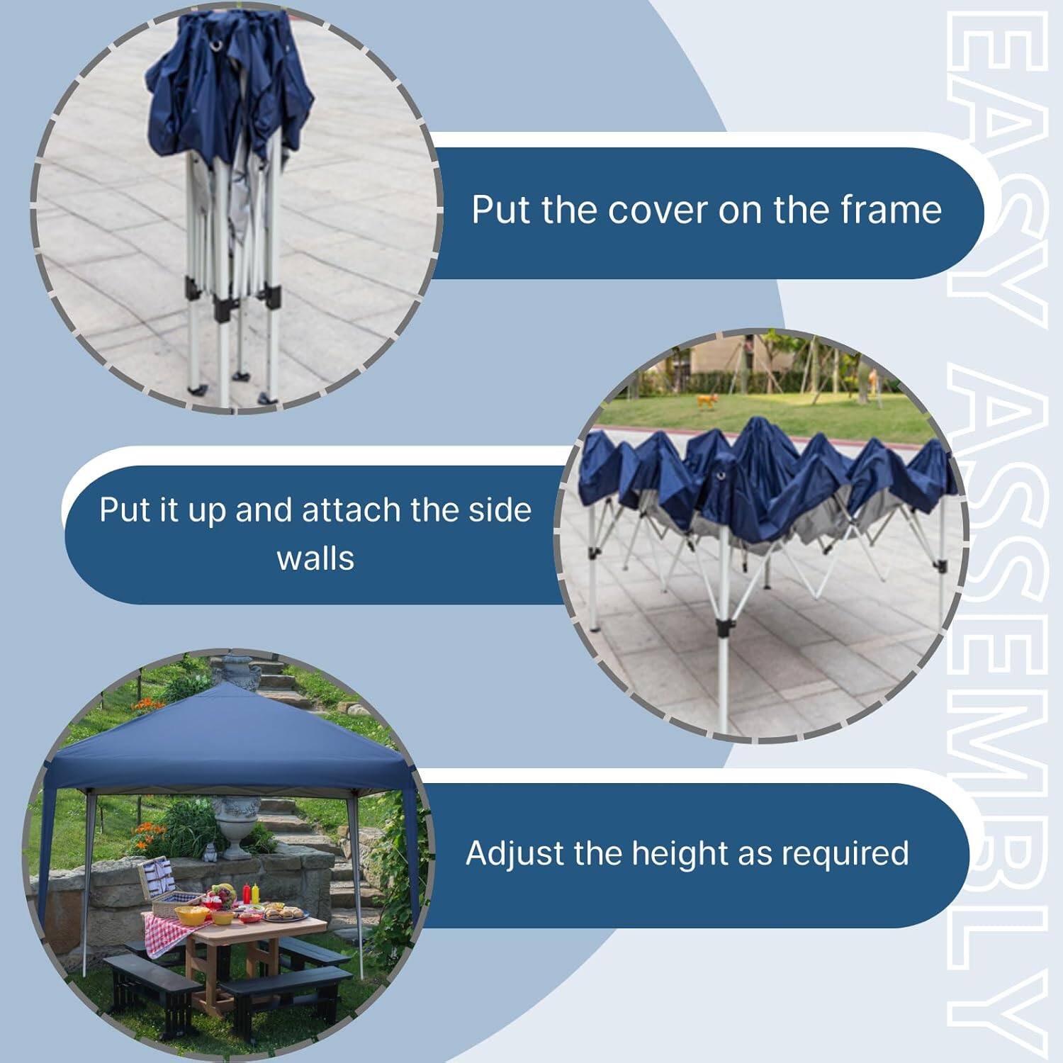 1. Put the cover on the frame
2. Put it up and attach the side walls
3. Adjust the height as required