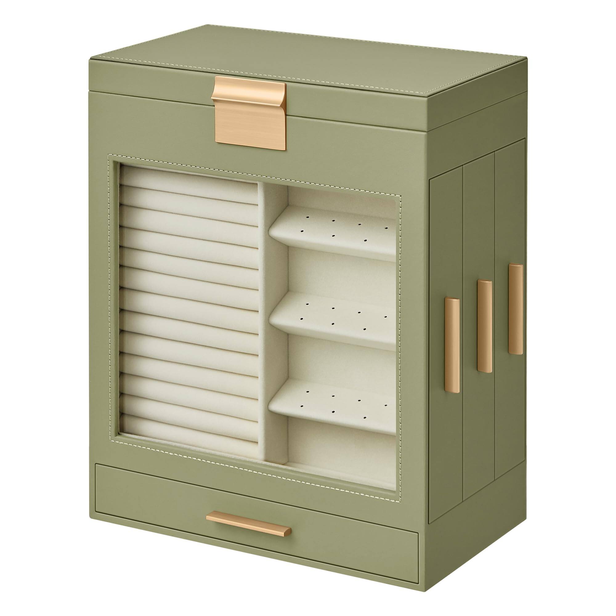 Alt View 2. Songmics Home - 5-Layer Modern Jewelry Organizer with 3 Side Drawers and Large Mirror - Sage Green and Metallic Gold - Green.
