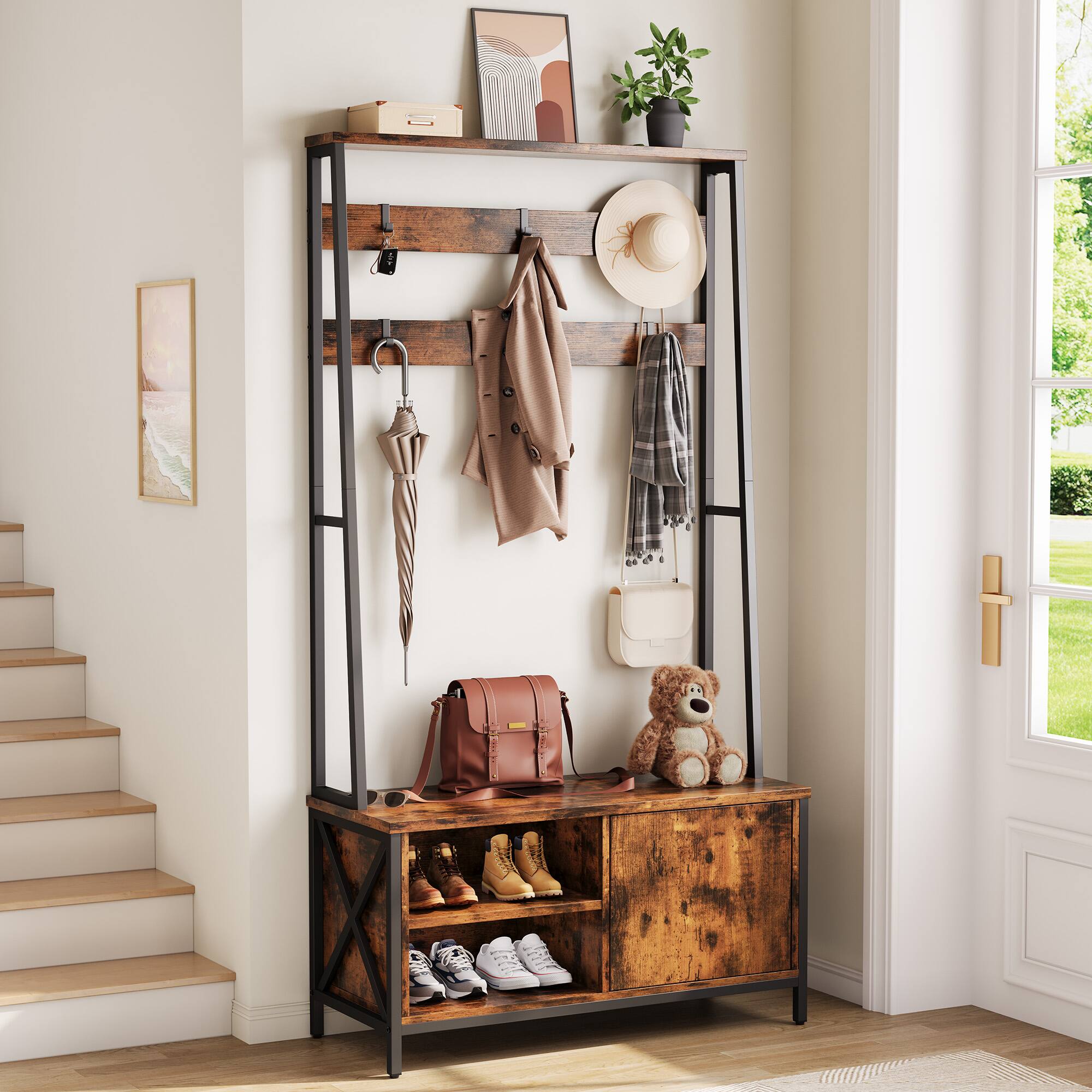 Anysun - Hall Tree with Bench & Shoe Storage - Industrial Style, Wood Look, 6 Hooks. 31.5"W x 15.8"D x 71"H - Brown