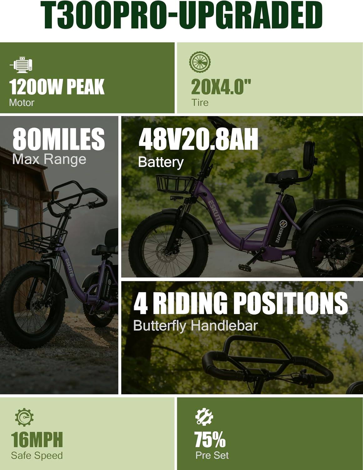 T300PRO-UPGRADED

- 1200W PEAK Motor
- 20X4.0" Tire
- 80MILES Max Range
- 48V20.8AH Battery
- 4 RIDING POSITIONS Butterfly Handlebar
- 16MPH Safe Speed
- 75% Pre Set