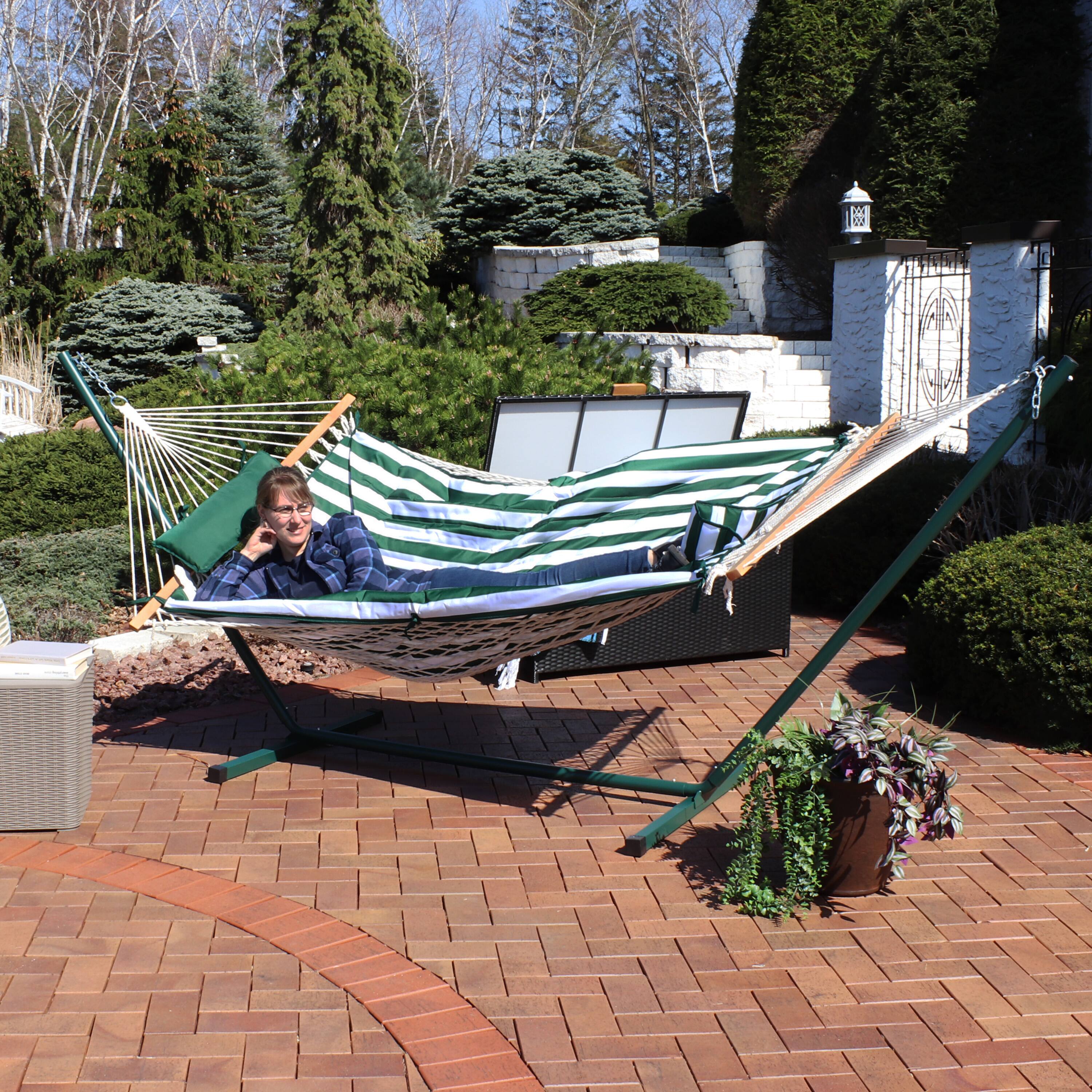 Alt View 10. Sunnydaze - Large Rope Hammock with Steel Stand and Pad/Pillow - Green and White Stripe.
