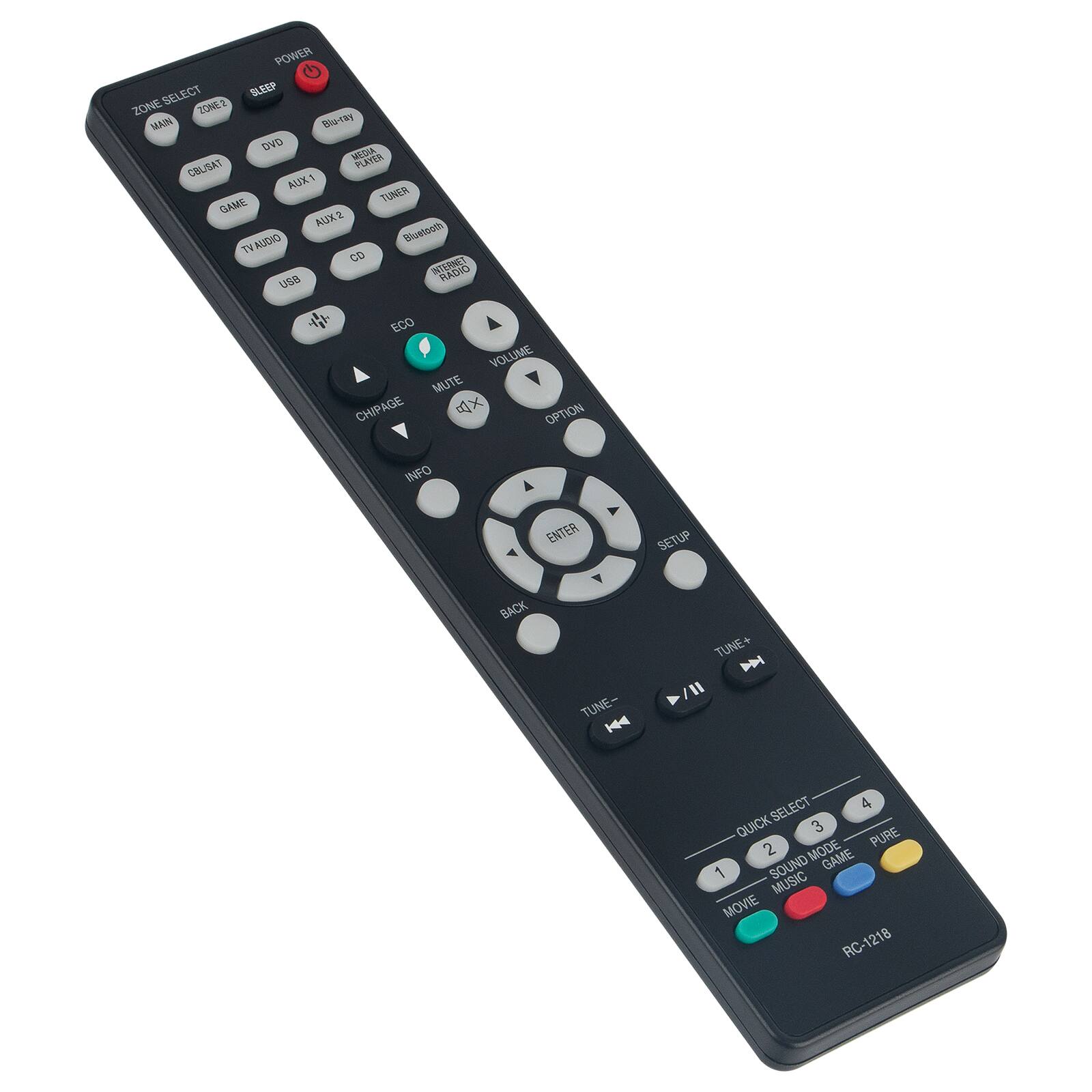 Sure, here is the corrected and grouped text from the image:

**Top Section:**
- POWER
- SLEEP
- ZONE SELECT
  - ZONE 1
  - ZONE 2
- MAIN
- Bha-tex
- DVO
- MEDIA PLAYER
- CBLISAT
- AUX
- TUNER
- GAME
- AUDIO
- Bluetooth
- TV
- CD
- USB
- ECO
- VOLUME
- MUTE
- CHIPAGE
- OPTION
- INFO
- ENTER
- SETUP
- BACK
- TUNE-
- TUNE+
- MUTE
- SELECT
- 4
- QUICK SELECT
  - 1
  - 2
  - 3
  - 4
- MODE
  - PURE SOUND
  - GAME
  - MUSIC
  - MOVIE
- RC-1218

**Bottom Section:**
- (Directional Pad with PLAY/PAUSE, STOP, REWIND, FAST FORWARD, and other media control buttons)