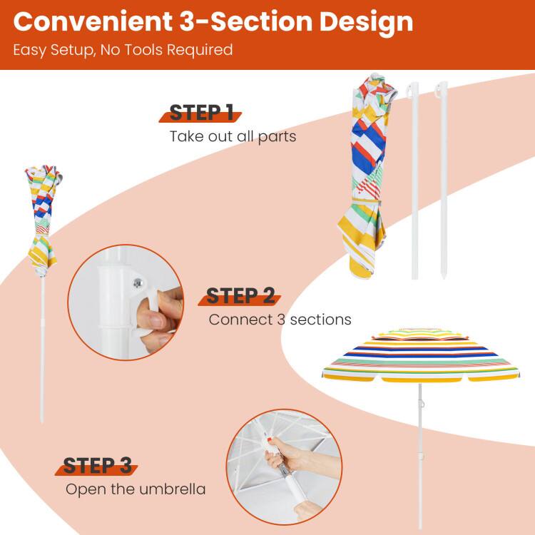 Convenient 3-Section Design  
Easy Setup, No Tools Required  

STEP 1  
Take out all parts  

STEP 2  
Connect 3 sections  

STEP 3  
Open the umbrella
