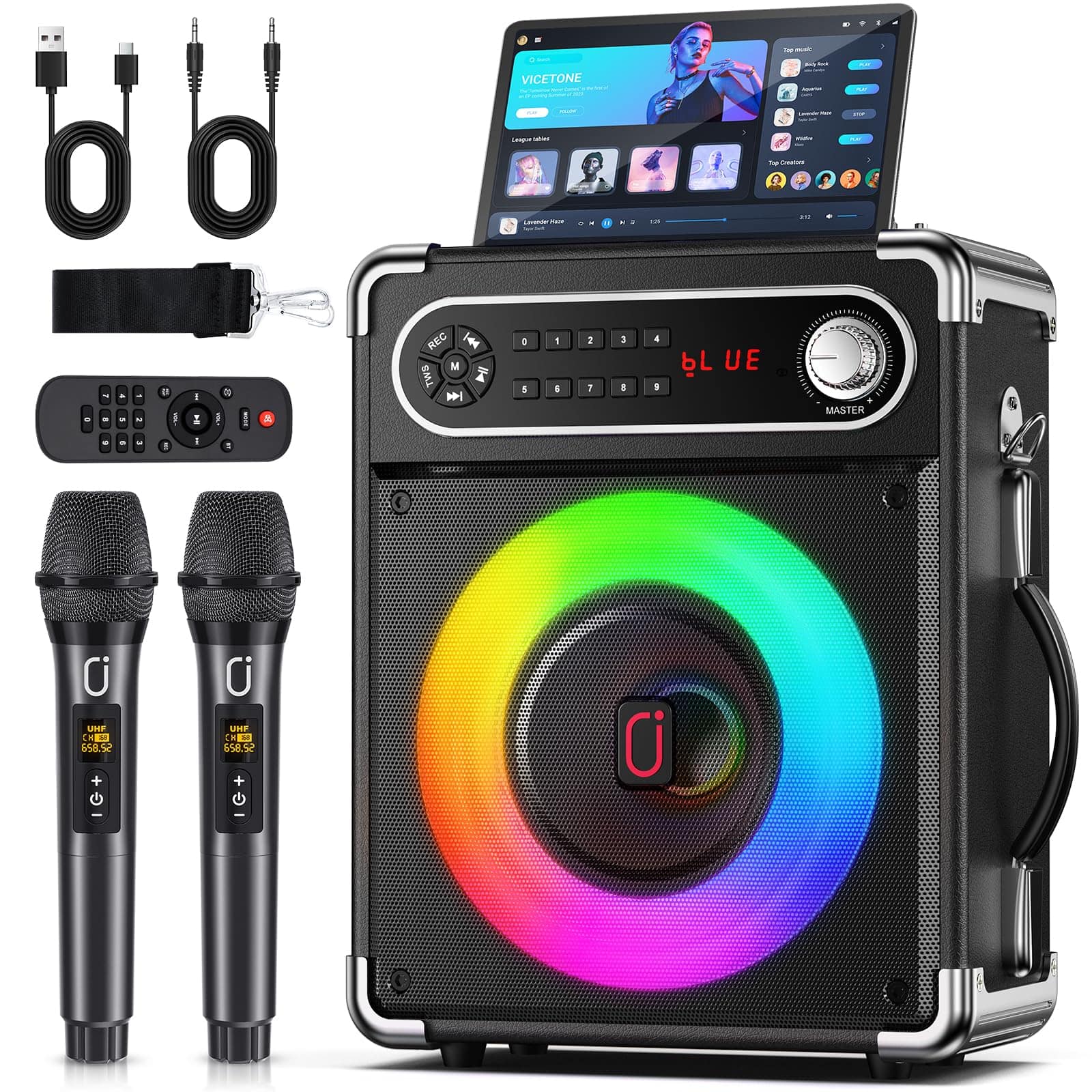 Cedar Assembly - Karaoke Machine 2 Wireless Microphones Portable 5 3 Pa With Disco Lights Smart Tv Compatible Upgraded Sub - Black