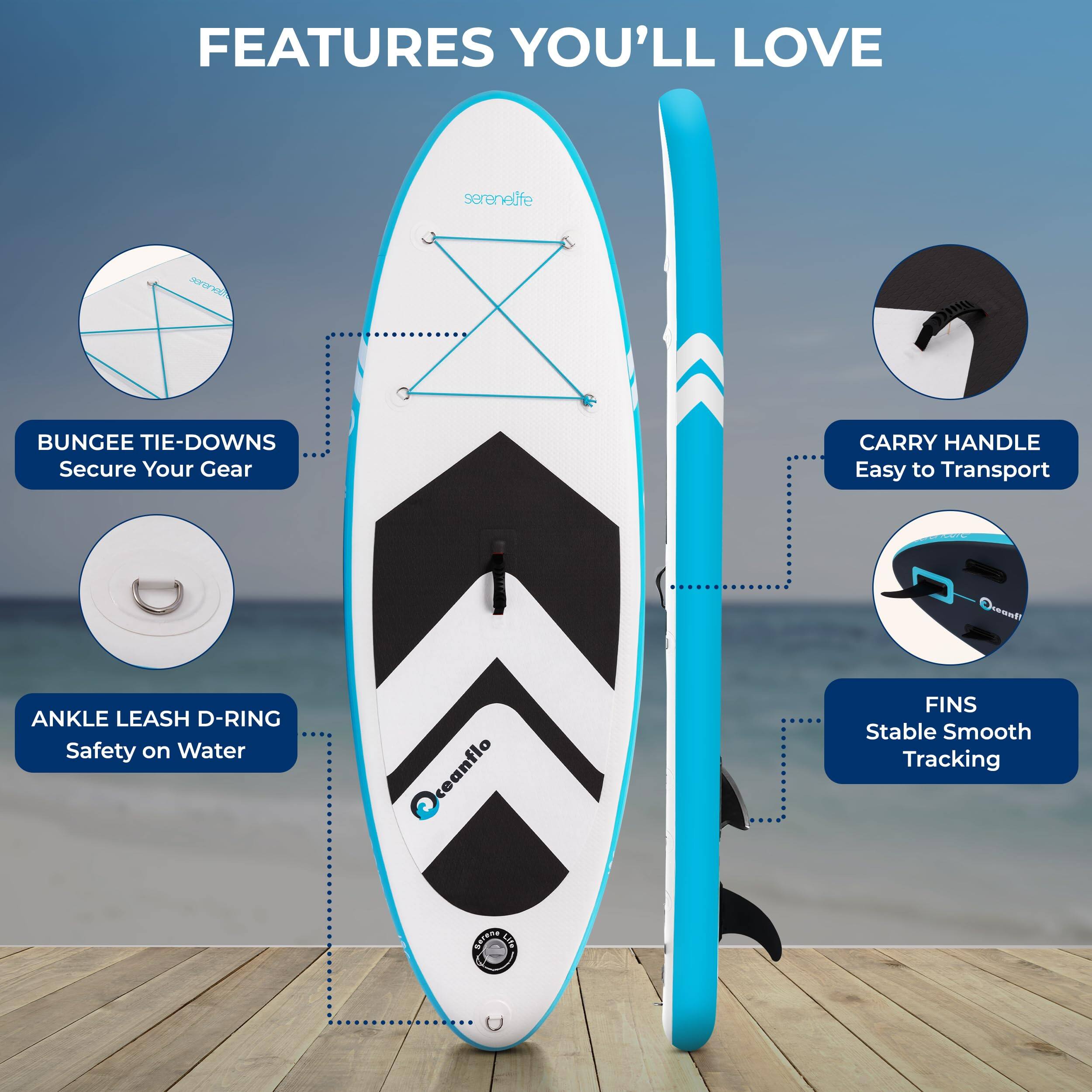 FEATURES YOU'LL LOVE

- BUNGEE TIE-DOWNS
  Secure Your Gear

- CARRY HANDLE
  Easy to Transport

- ANKLE LEASH D-RING
  Safety on Water

- FINS
  Stable Smooth Tracking