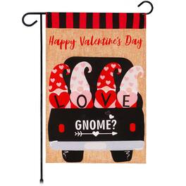 G128 - Garden Flag Happy Valentine's Day Four Gnomes in Truck 12 x 18 in Burlap - Assorted Colors