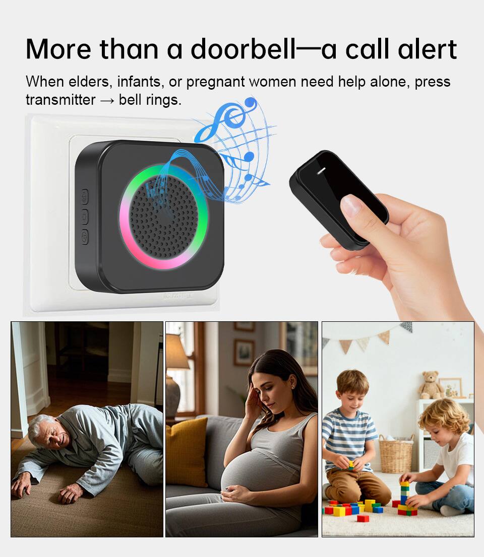 More than a doorbell—a call alert

When elders, infants, or pregnant women need help alone, press transmitter → bell rings.