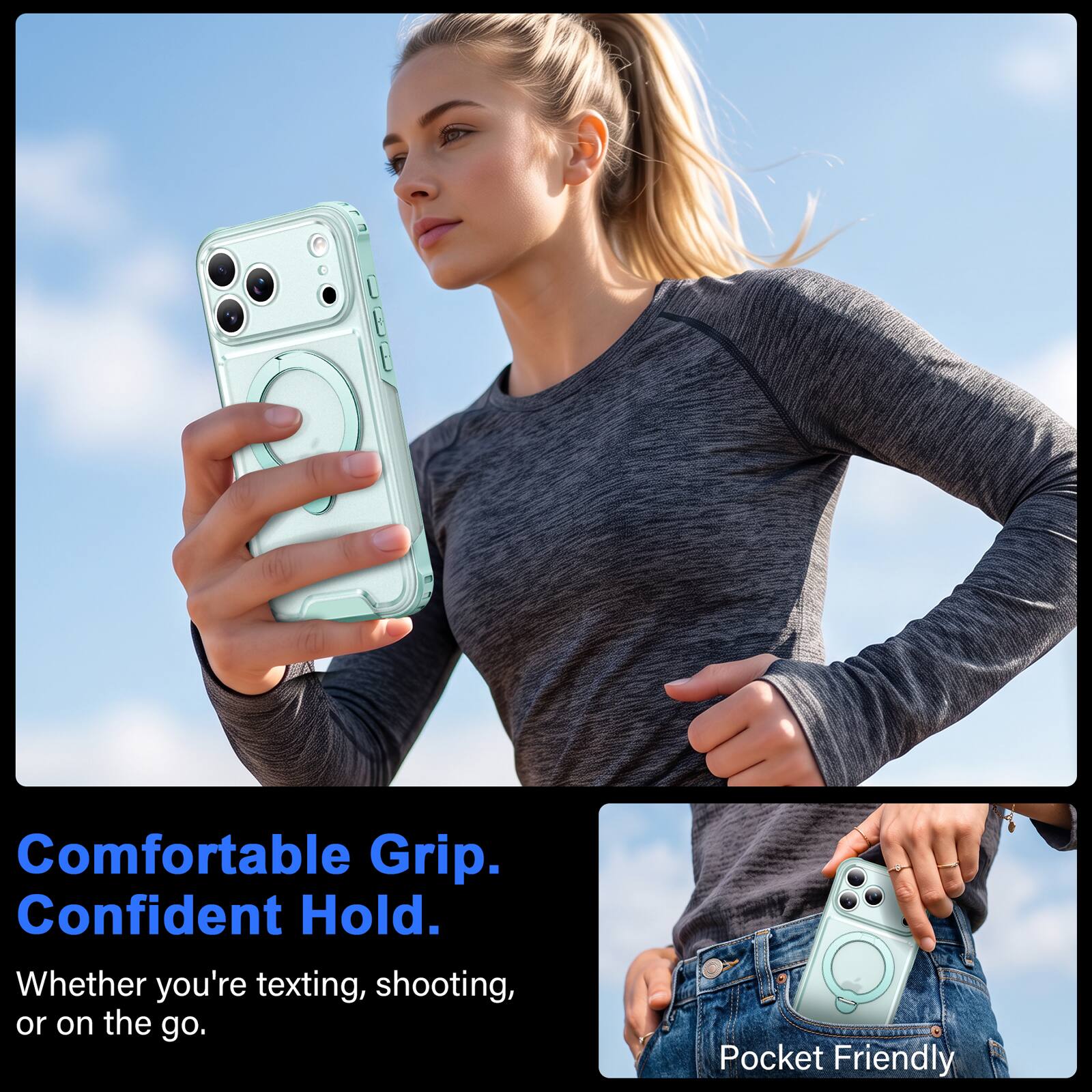 Comfortable Grip.  
Confident Hold.  
Whether you're texting, shooting, or on the go.  

Pocket Friendly