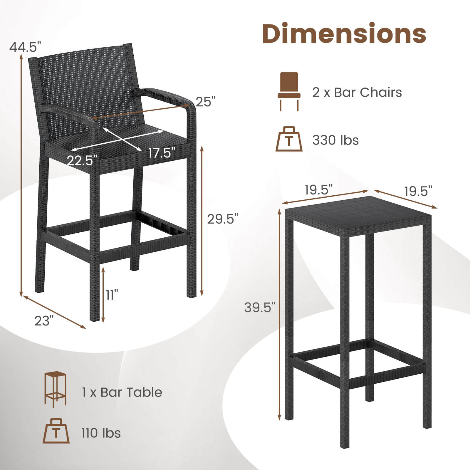 Dimensions

2 x Bar Chairs  
330 lbs

1 x Bar Table  
110 lbs

- Chair:  
  - Height: 44.5"  
  - Seat Height: 29.5"  
  - Seat Depth: 22.5"  
  - Seat Width: 25"  
  - Back Height: 25"  
  - Back Width: 17.5"  
  - Base Width: 23"  
  - Base Depth: 11"

- Table:  
  - Height: 39.5"  
  - Top Width: 19.5"  
  - Top Depth: 19.5"