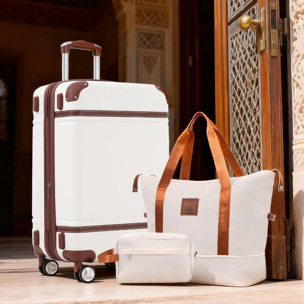 Angle. BreeBe - Hardshell Luggage Set with Bags, Lightweight 24-Inch Vintage Suitcase with Double Spinner Wheels & TSA Lock - White.