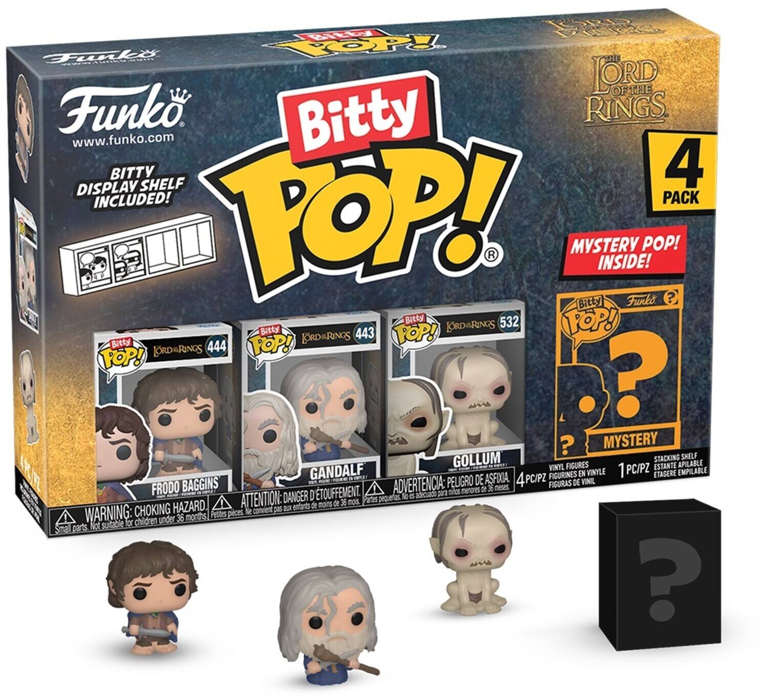 Sure, here is the corrected and grouped text from the image:

---

**Funko**  
www.funko.com

**Bitty POP!**  
BITTY DISPLAY SHELF INCLUDED!

**The Lord of the Rings**

**4 PACK**

**MYSTERY POP! INSIDE!**

**Bitty POP!**  
FRODO BAGGINS  
444

**Bitty POP!**  
GANDALF  
443

**Bitty POP!**  
GOLLUM  
532

**MYSTERY**

**WARNING: CHOKING HAZARD**  
Small parts. Not suitable for children under 36 months.

**ADVERTENCIA: PELIGRO DE ASFIXIA**  
No es adecuado para niños menores de 36 meses.

**ATTENTION: DANGER D'ÉTOUFFEMENT**  
Peut être dangereux pour les enfants de moins de 36 mois.

**VINYL FIGURES**  
1 PC/PZ  
FIGURINES EN VINYLE  
1 PC/PZ  
FIGURINES DE VINIL  
1 PC/PZ  
ETAGERE EMPILABLE  
DE ASFIOA  
4 PC/PZ  
FIG