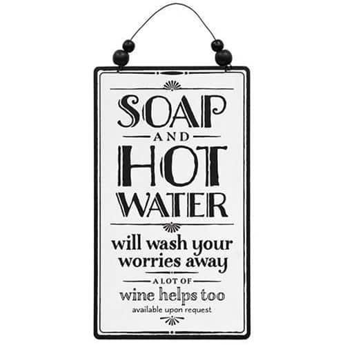 BreeBe - Soap and Hot Water Sign w/Beaded Hanger - White, Black