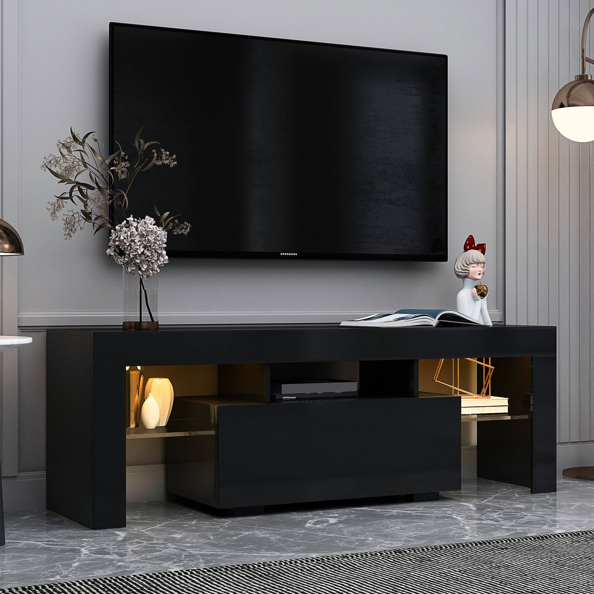 Left. GOODSILO - Modern Entertainment Center with LED Lights, Fits Up to 50 Inch TVs - Black.