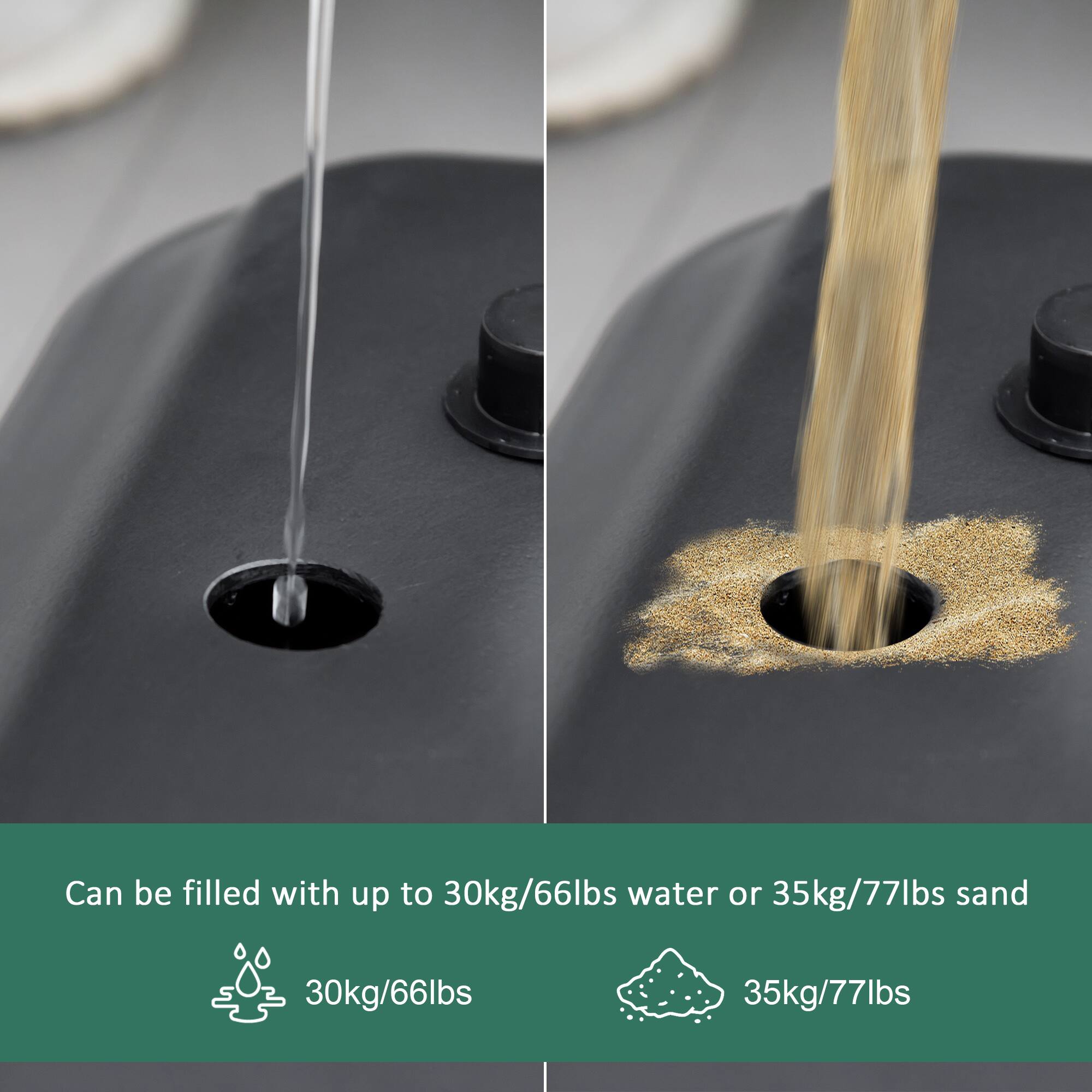 Can be filled with up to 30kg/66lbs water or 35kg/77lbs sand

30kg/66lbs

35kg/77lbs