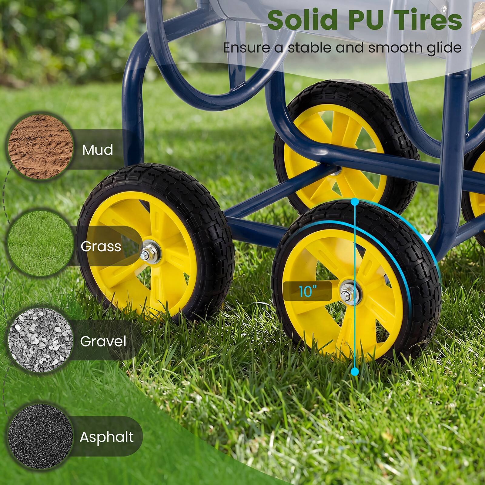 Solid PU Tires  
Ensure a stable and smooth glide  

Mud  
Grass  
Gravel  
Asphalt  

10"