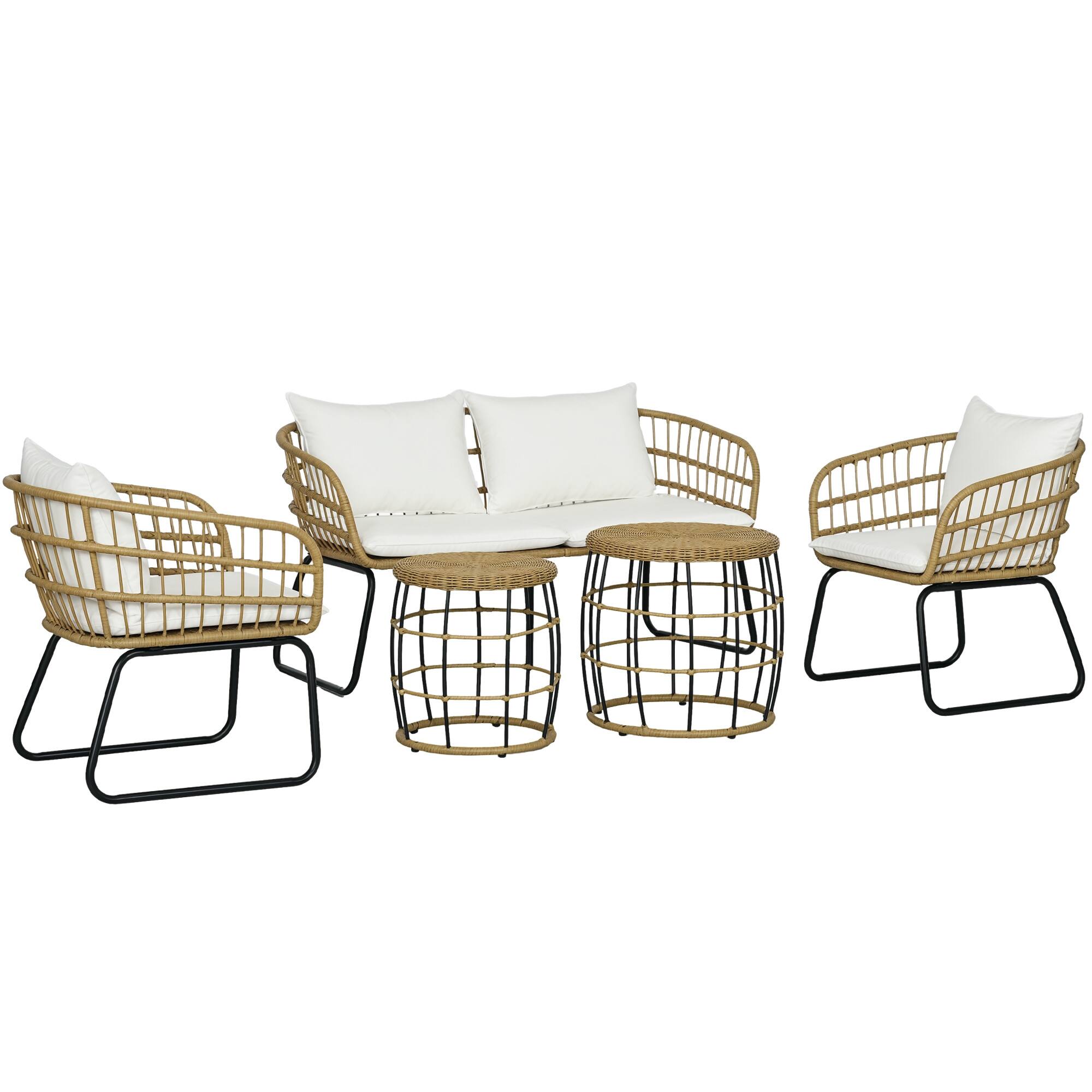 Front. Outsunny - 5 Piece PE Rattan Outdoor Furniture Set with Cushioned Chairs & Loveseat Sofa, Patio Sectional Furniture Set - Cream White.