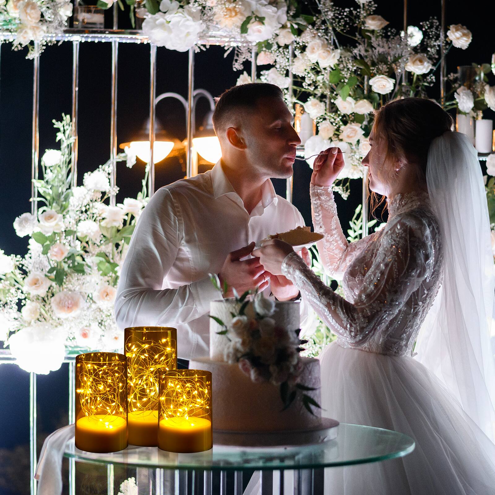 Alt View 7. IMAGE - 3 PCS Acrylic Shell Pillar LED Flameless Candles with 13-Key Remote Timer, Gold - Gold.