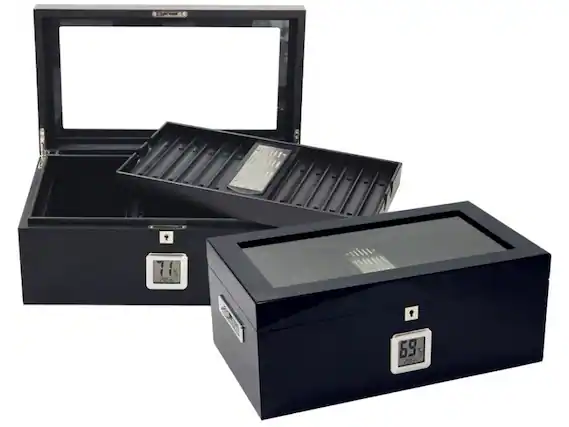 Front. Prestige - THE Raven Cigar Humidors - Full Black Lacquer Finish .