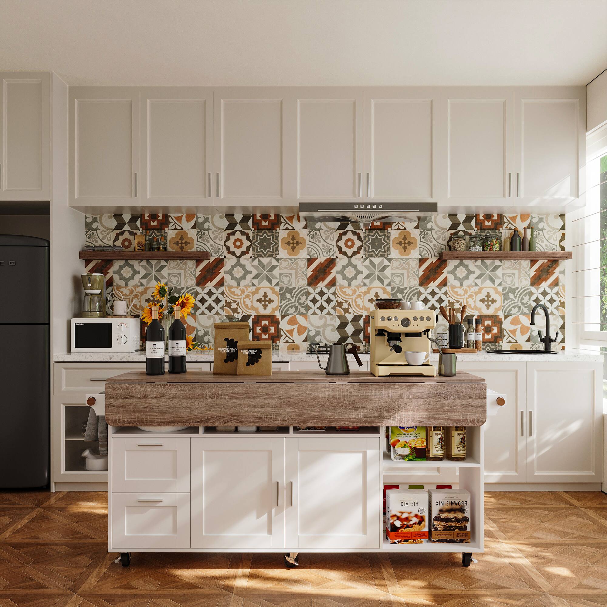 Alt View 8. FUFU & GAGA - Rolling Buffet Sideboard Cabinet with Expandable Countertop, Storage Shelves and Drawers for Kitchen and Dining Room - White & Wooden.