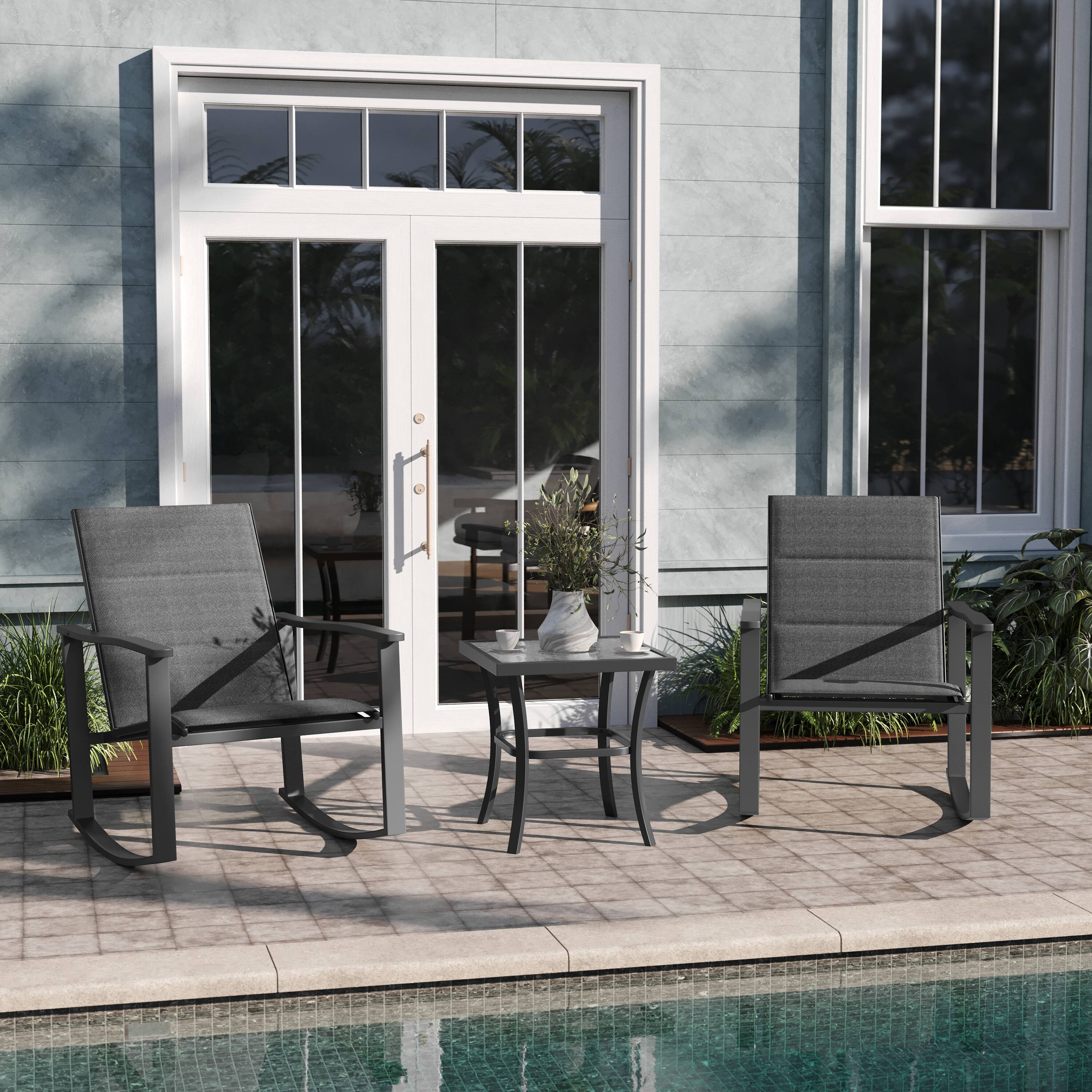 Alt View 1. Emma + Oliver - Braelin 3 Piece Outdoor Rocking Chair Patio Set with Flex Comfort Material and Metal Framed Glass Top Table - Black.
