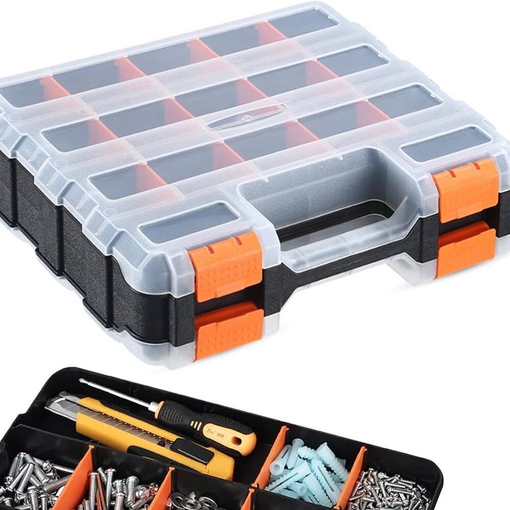 Front. RTMB - Double-Sided Plastic Storage Box, 18 Compartments, Durable, Clear.