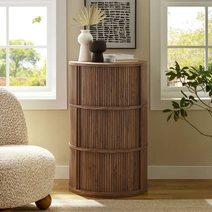 Front. Modway - Clement Round Pedestal Stand Storage Table With Sliding Tambour Doors by Modway - Walnut.