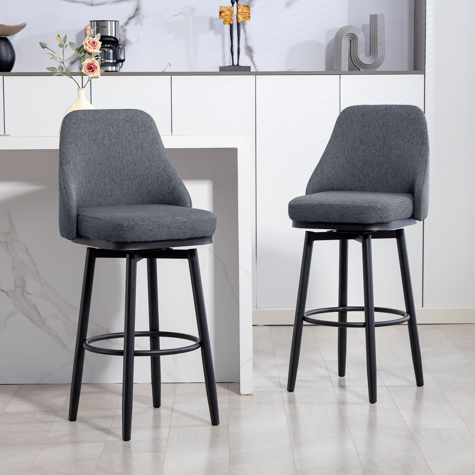 Homcom - Modern Bar Stools, Set of 2 Swivel Kitchen Chairs - Dark Gray