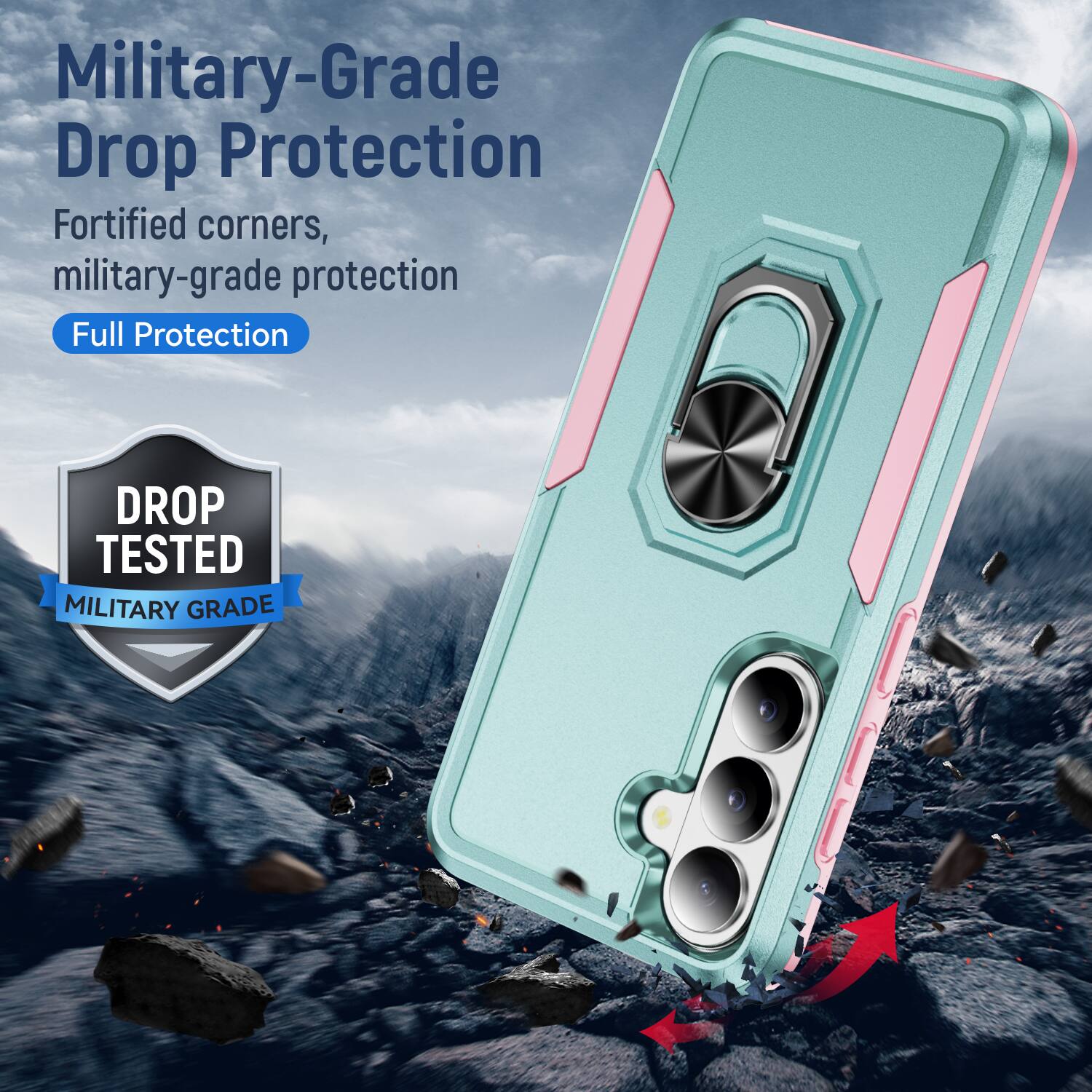 Military-Grade Drop Protection  
Fortified corners, military-grade protection  
Full Protection  

DROP TESTED  
MILITARY GRADE