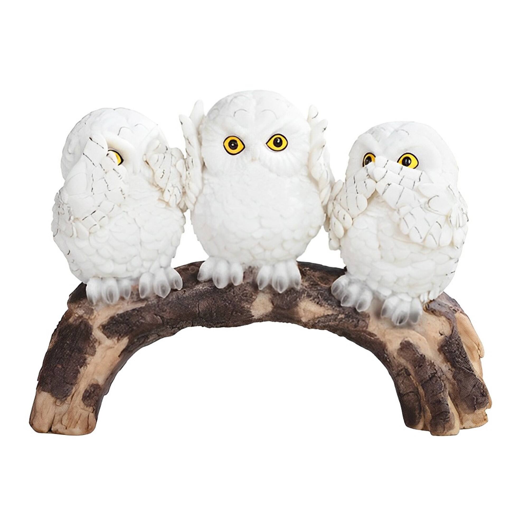 FC Design - 8"W Snowy Owls Standing on Tree Trunk Hear-No, See-No, Speak-No Evil Figurine Office Desk Tabletop Home Decor - Multi-Color
