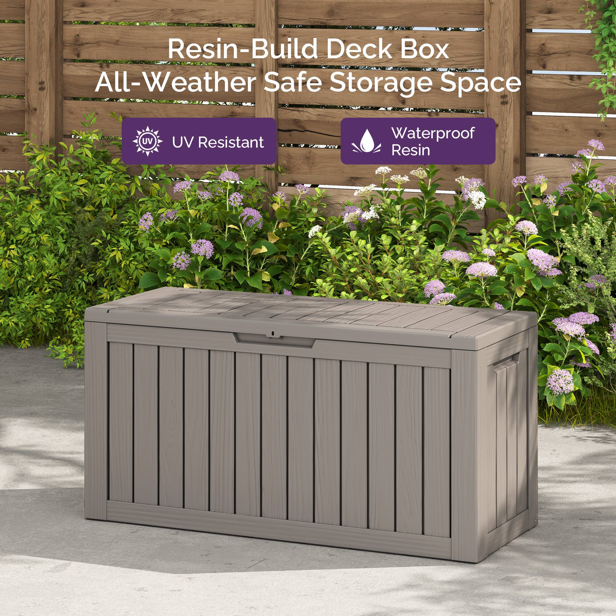 Resin-Build Deck Box  
All-Weather Safe Storage Space  

UV Resistant  
Waterproof Resin