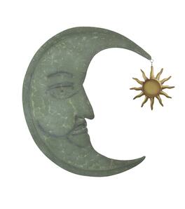 Zeckos - Weathered Verdigris Finish Metal Crescent Moon Wall Hanging W/ Sun Dangler - Green