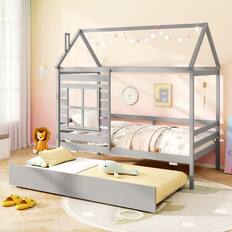 Front. Gymax - Gymax Twin Size House Bed with Trundle Wooden Platform Bed w/ Roof Chimney & Window Gray - Gray.