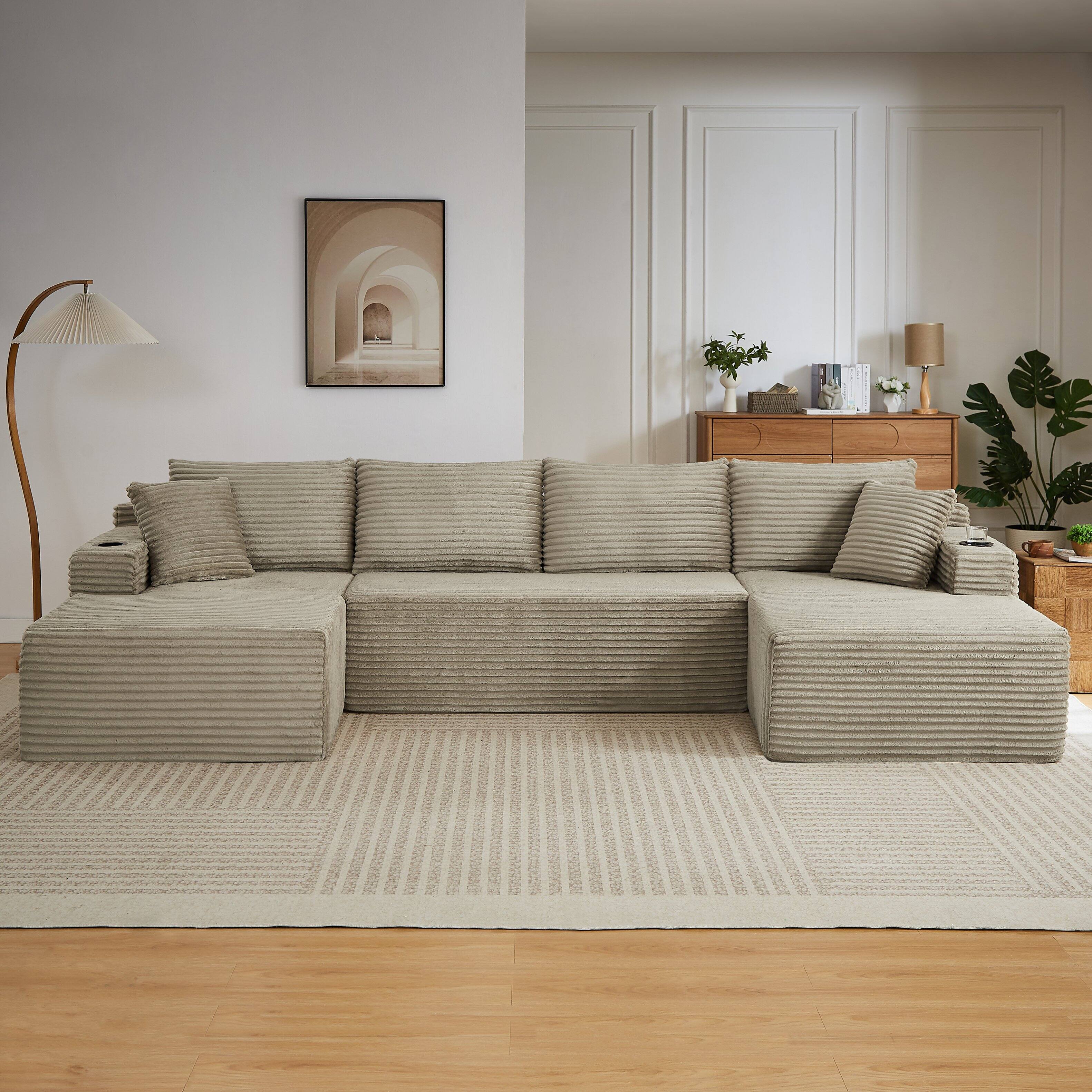 Back. Aukfa - U-Shaped Sectional Sofa Set - Minimalist Modular Design, Corduroy Cloud Couch for Living Room - Camel.
