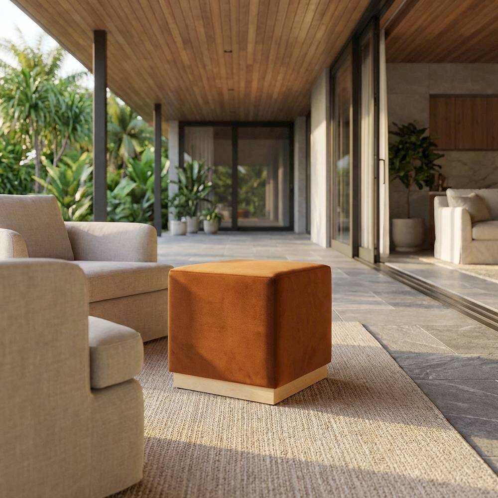 Angle. Outdoor Escape - Square Performance Velvet Ottoman In Neutral Tone With Plush Upholstery - Brown.
