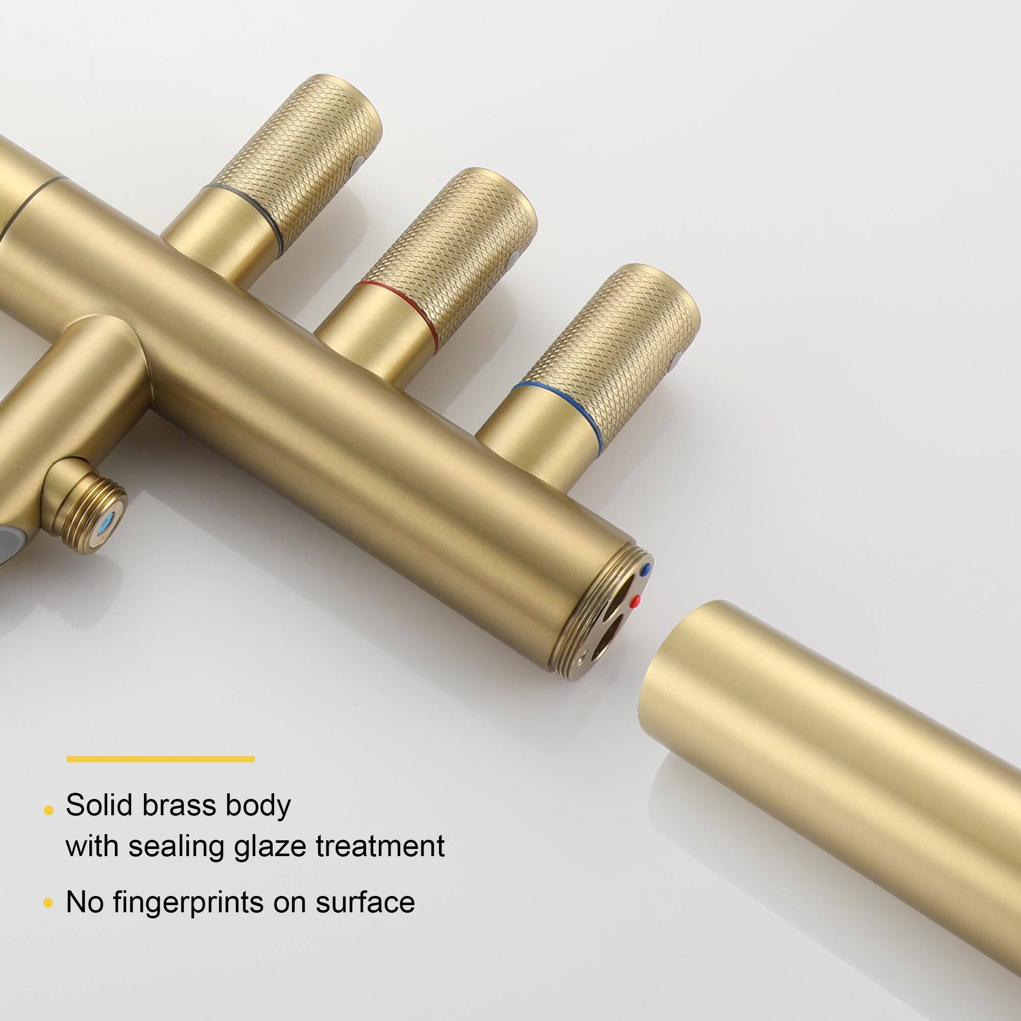 The text on the image reads: "Solid brass body with sealing glaze treatment. No fingerprints on surface."