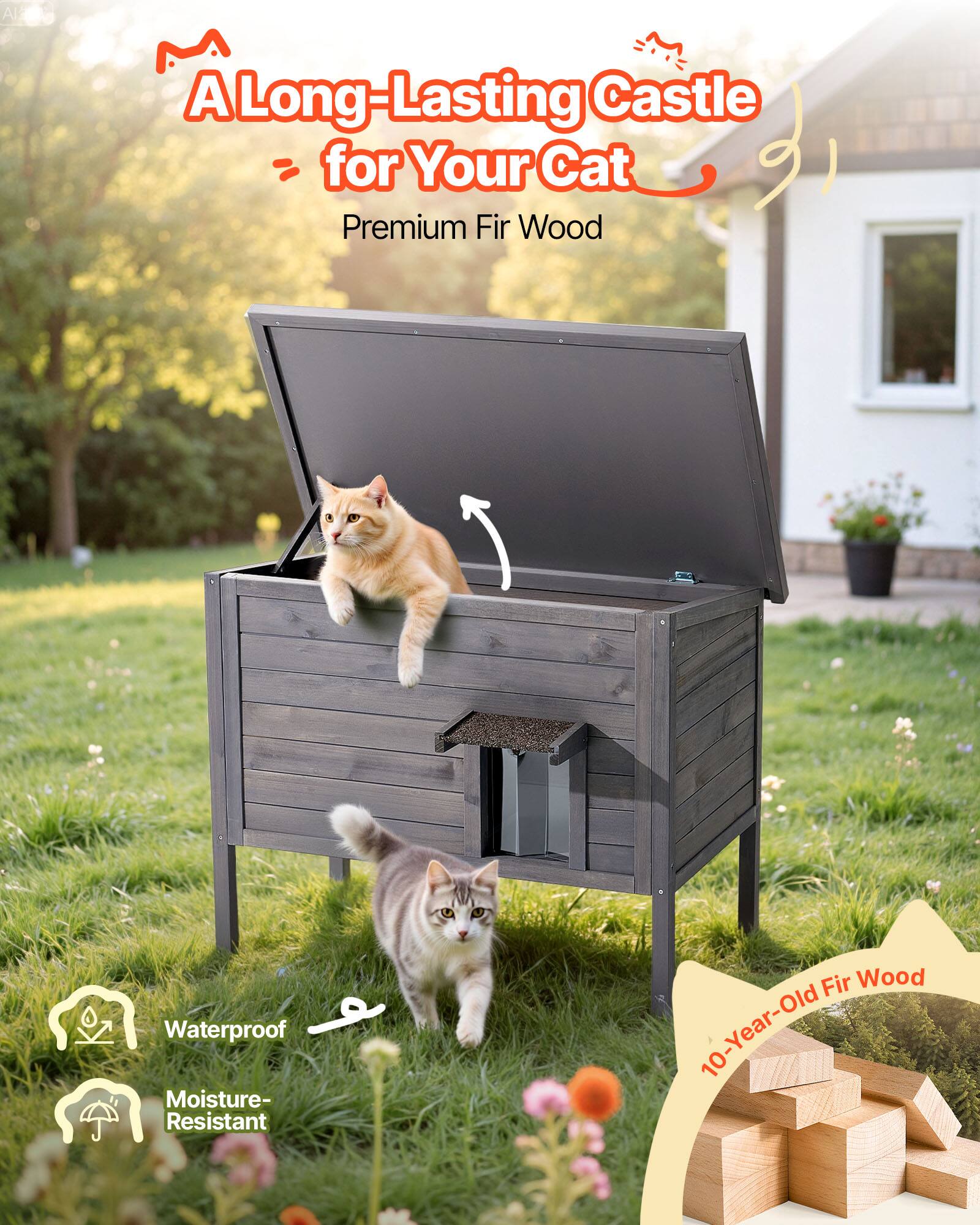 A Long-Lasting Castle for Your Cat  
Premium Fir Wood  

Waterproof  
Moisture-Resistant  

10-Year-Old Fir Wood