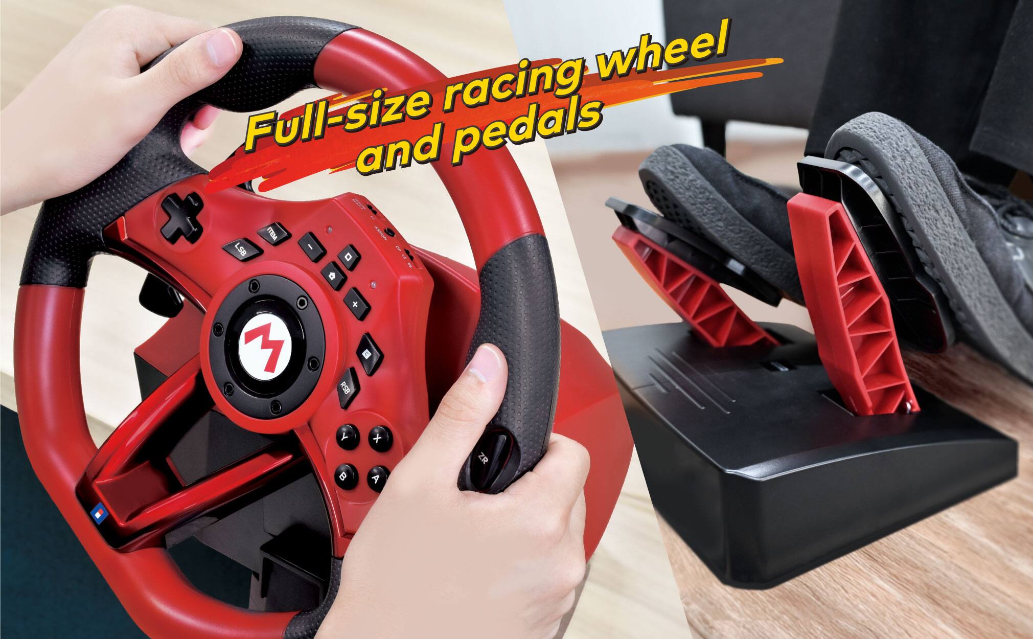 Full-size racing wheel and pedals