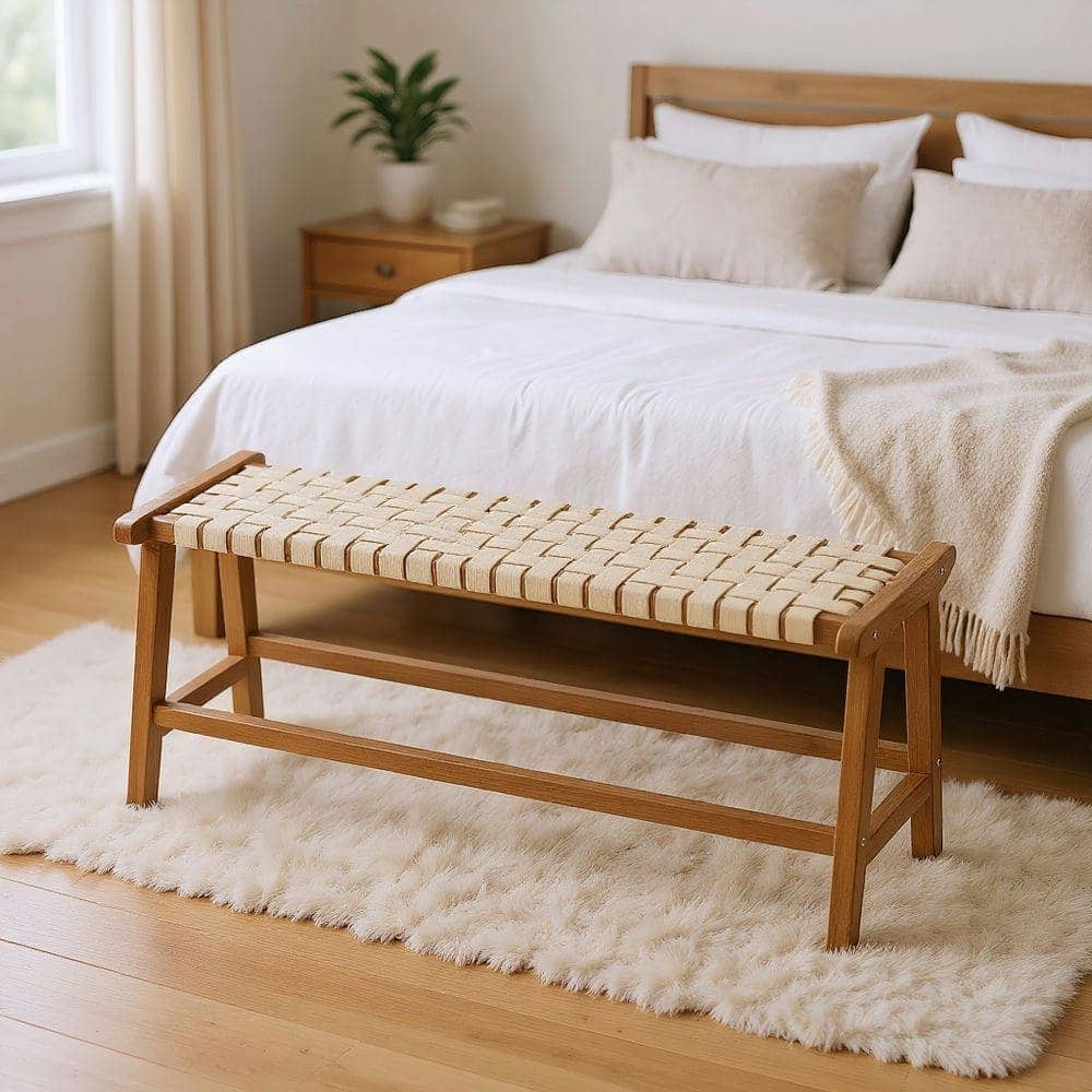 Kadyn - 47-Inch Teak Wood Patio Bench with Woven Seat and Solid Wood Legs, Natural and - Beige